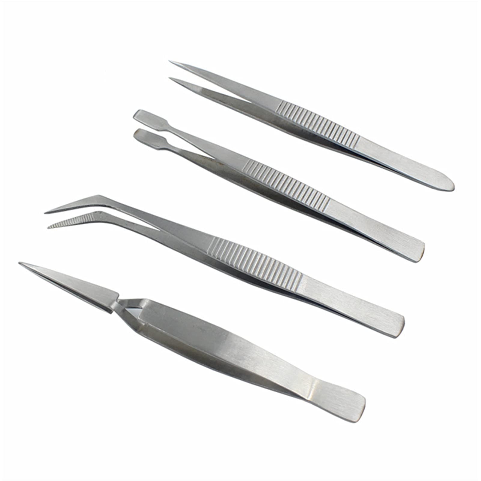 4-Piece Stainless Steel Precision Tweezers Set - Slant & Pointed Tips for Electronics, Eyebrows & Makeup - Anti-Slip Grip - Perfect for DIY, Jewelry Making & Beauty Care (Silver)