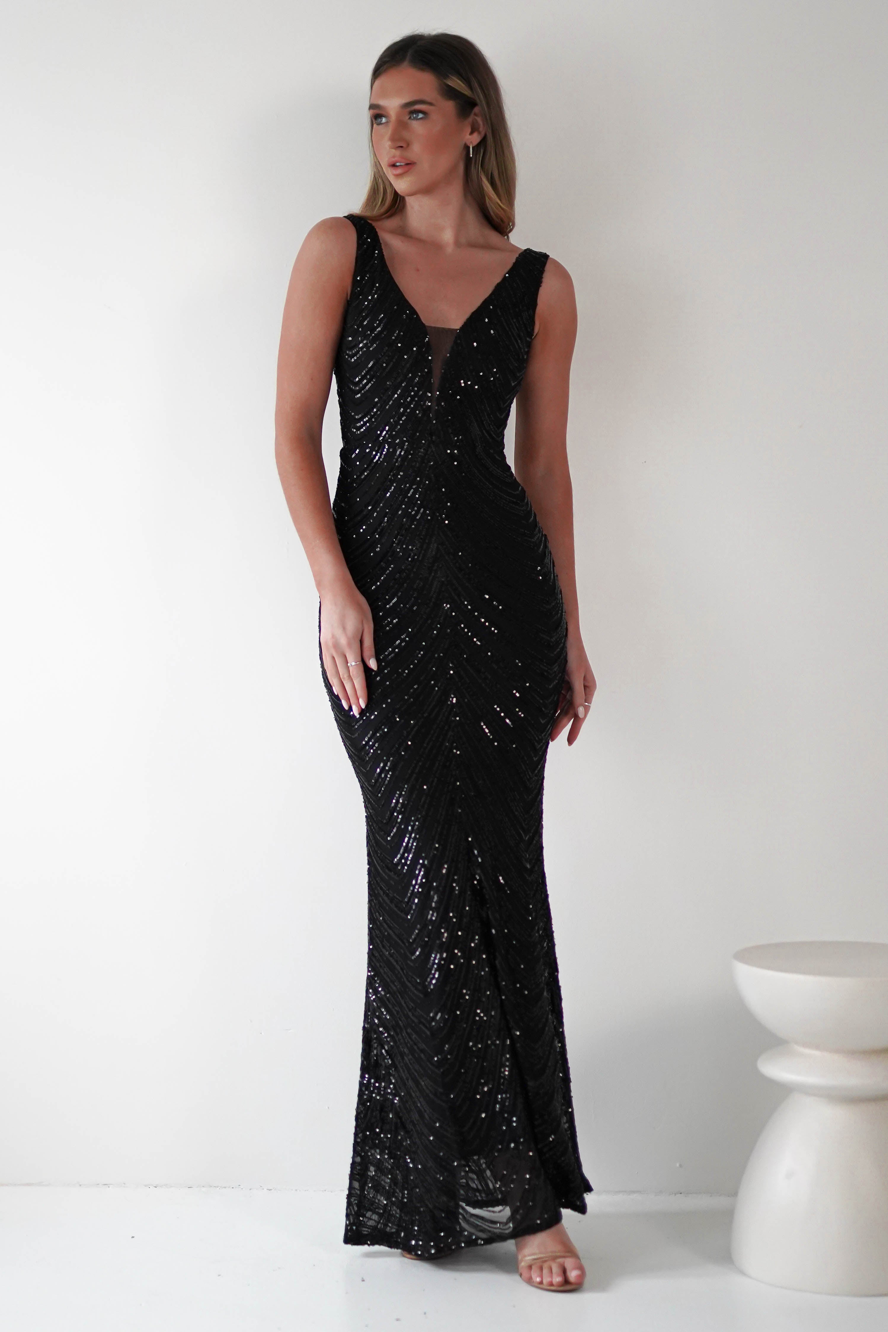 Julietta Sequin Bodycon Maxi Dress for Women - Elegant Black Evening Gown for Parties, Prom, and Special Occasions