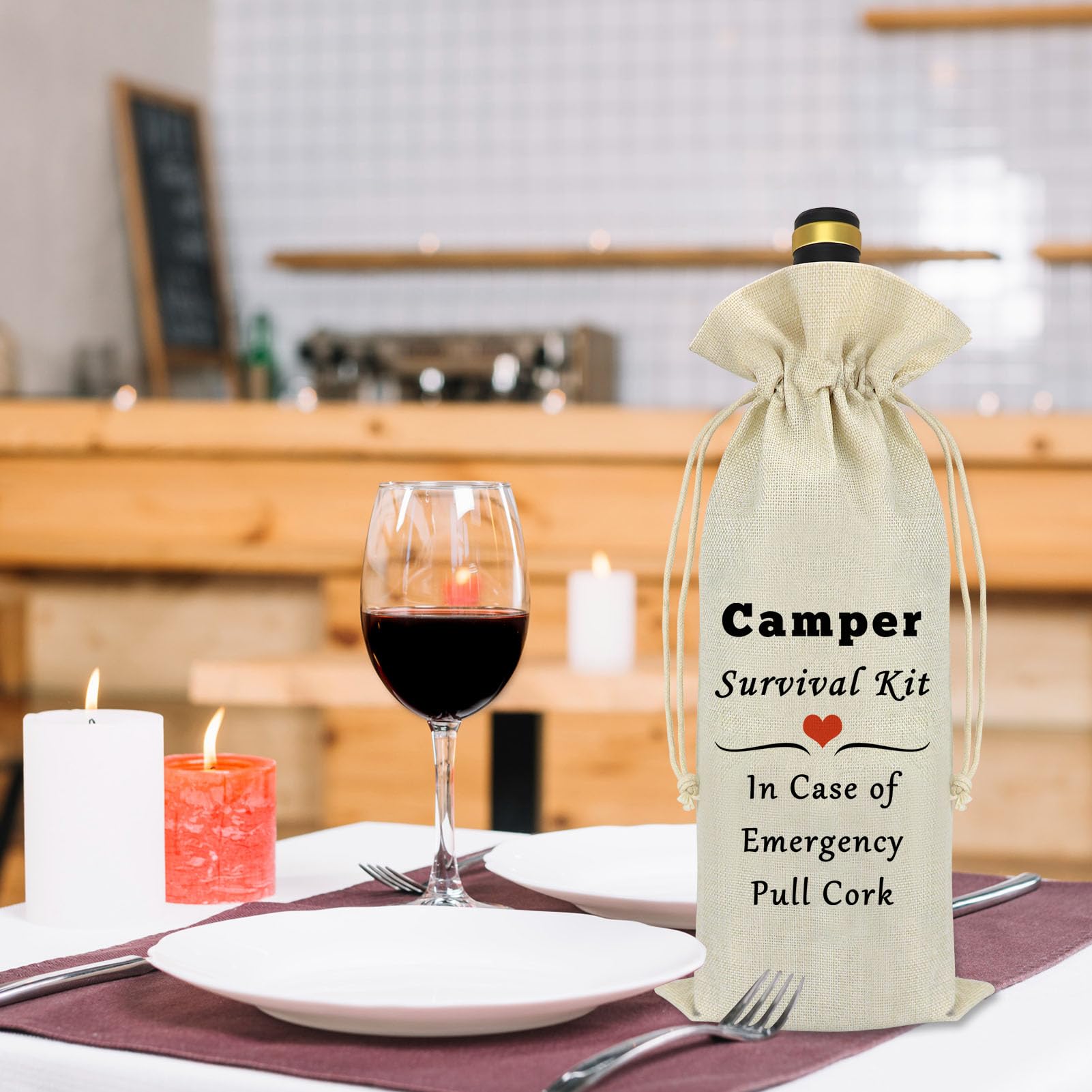 Funny Camper Wine Bag - Insulated Burlap Wine Bottle Cover for Camping, Travel Trailers & Outdoor Adventures - Perfect Gift for Men & Women (Birthday, Christmas, Graduation) - Great for Picnics, BBQs & RV Trips