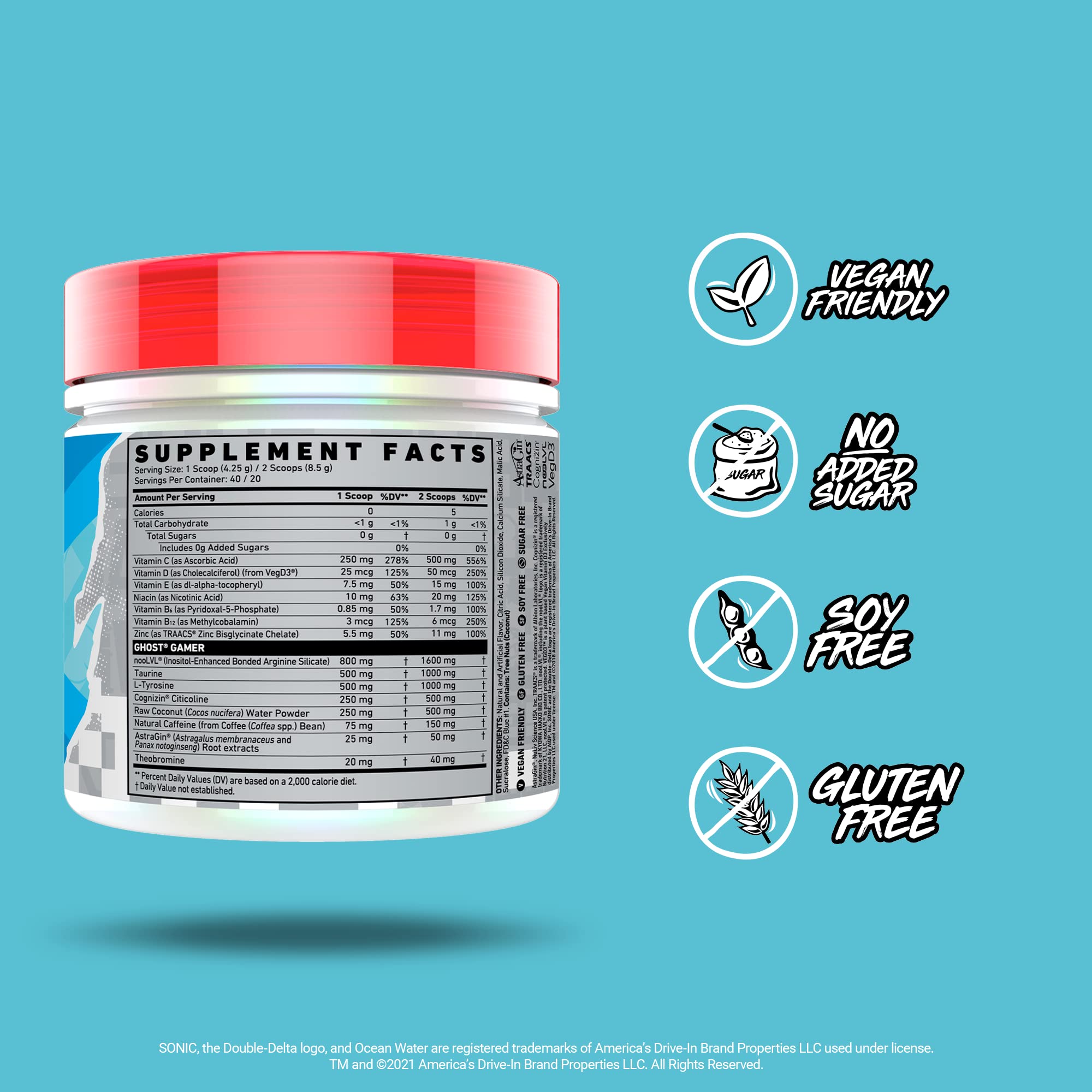 GHOST Gamer Sonic Bundle: Energy & Focus Supplement for Gamers - Ocean Water & Cherry Limeade Flavors - Boost Performance for Gaming, Studying & Workouts