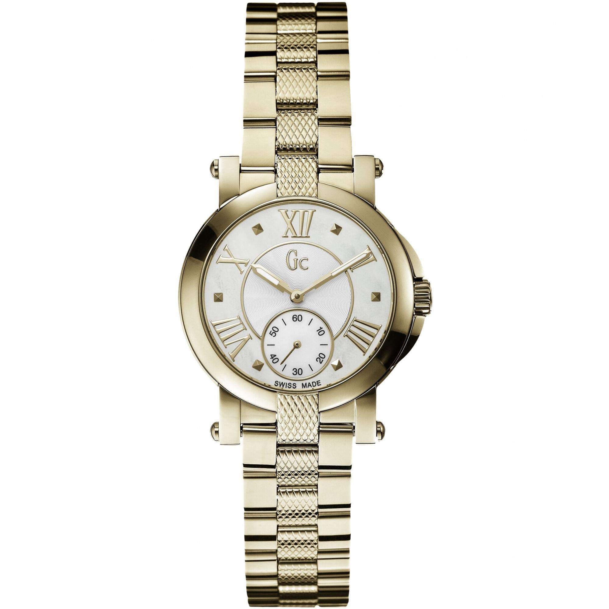 GC Women's Gc Demoiselle 32mm Gold-Tone Stainless Steel Bracelet Watch with Mother of Pearl Dial & Quartz Movement - Perfect for Office, Parties & Everyday Wear (Model X50002L1S)