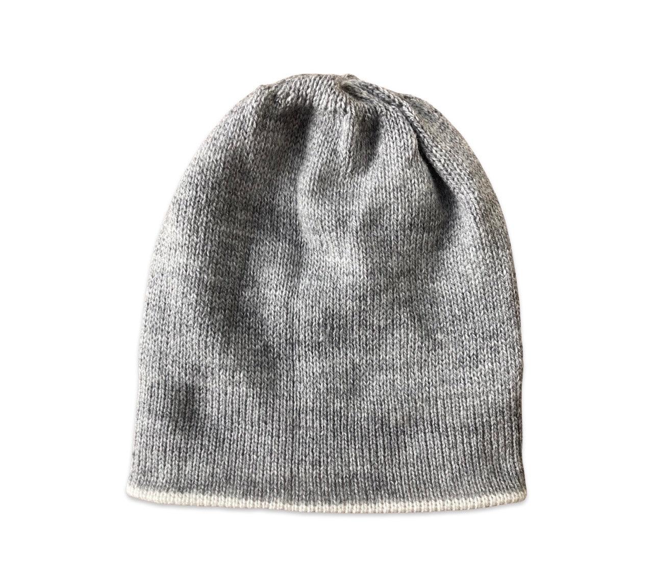 Hand Knitted Alpaca Reversible Beanie - Grey & Ivory - Warm Winter Hat for Men & Women - Perfect for Skiing, Hiking & Outdoor Activities