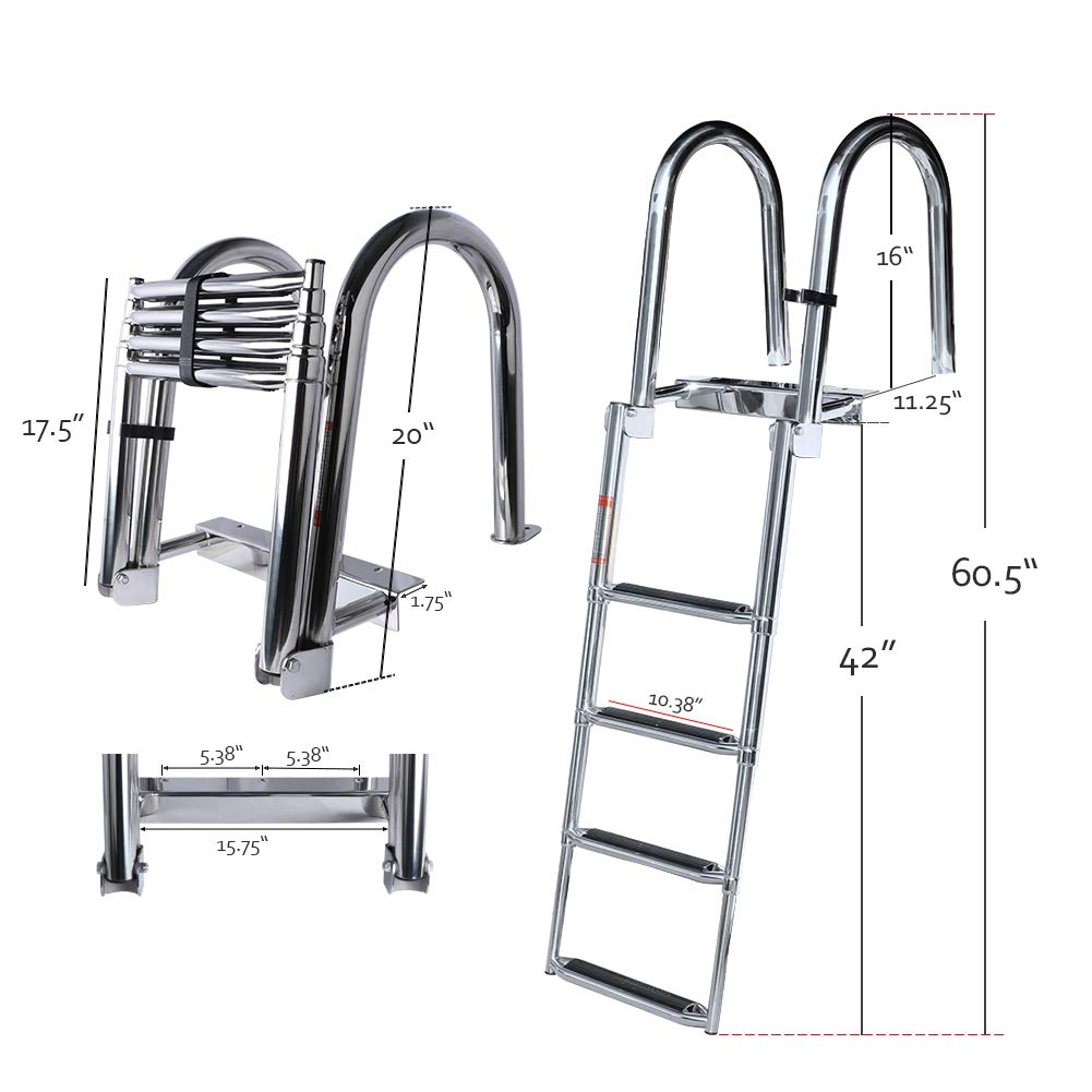 **4 Step Pontoon Boat Ladder - 316 Stainless Steel Folding Telescoping Ladder with Wide Steps & Safe Handrails - Heavy Duty Swim Deck & Dock Ladder for Rear Entry Inboard Boats - Perfect for Swimming, Boarding & Water Sports**
