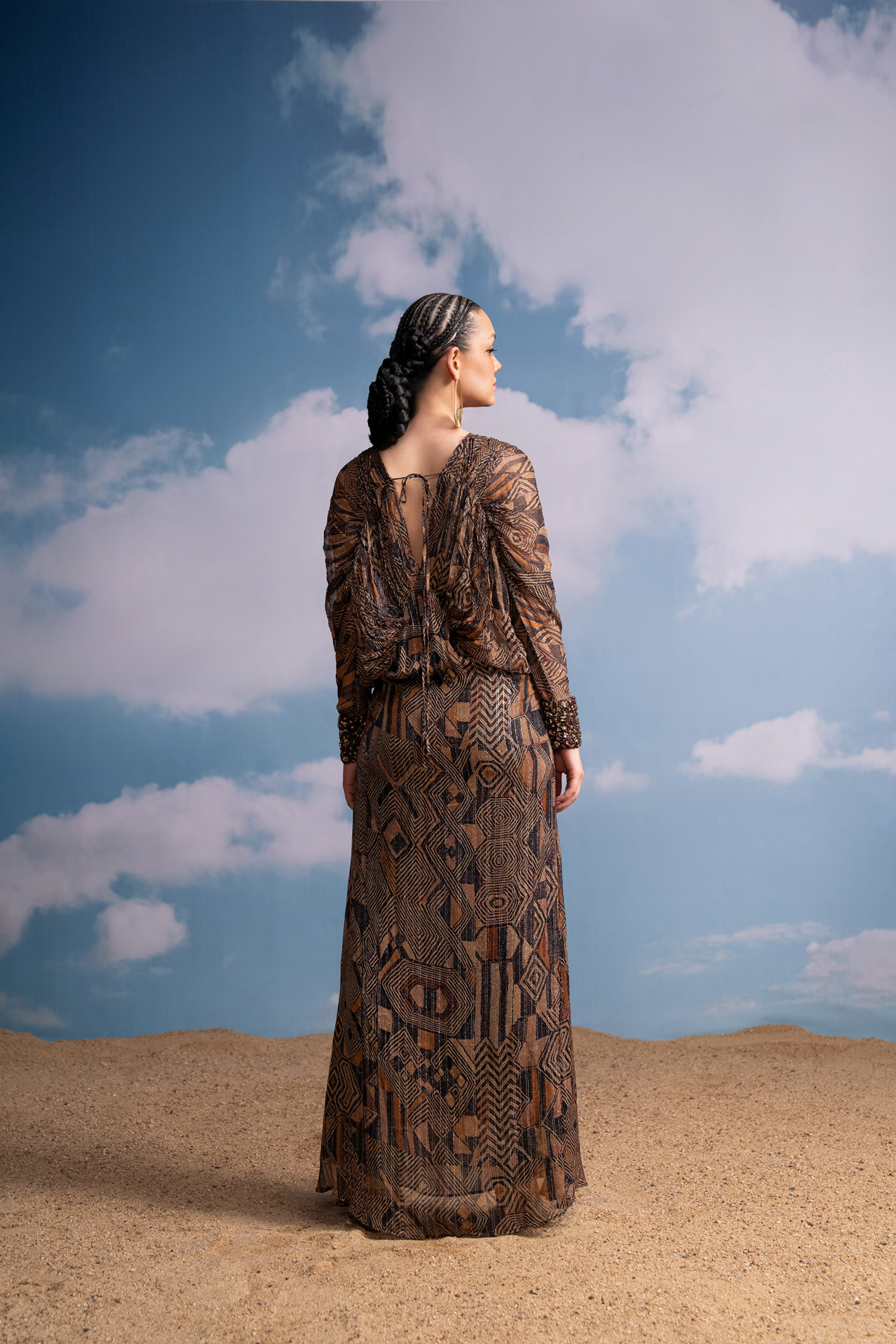 Elegant Brown Geometric Kimono Dress with Handmade Tassels & Embroidered Cuffs | Boho Chic Women's Fashion for Casual Wear, Beach Cover-Up & Special Occasions