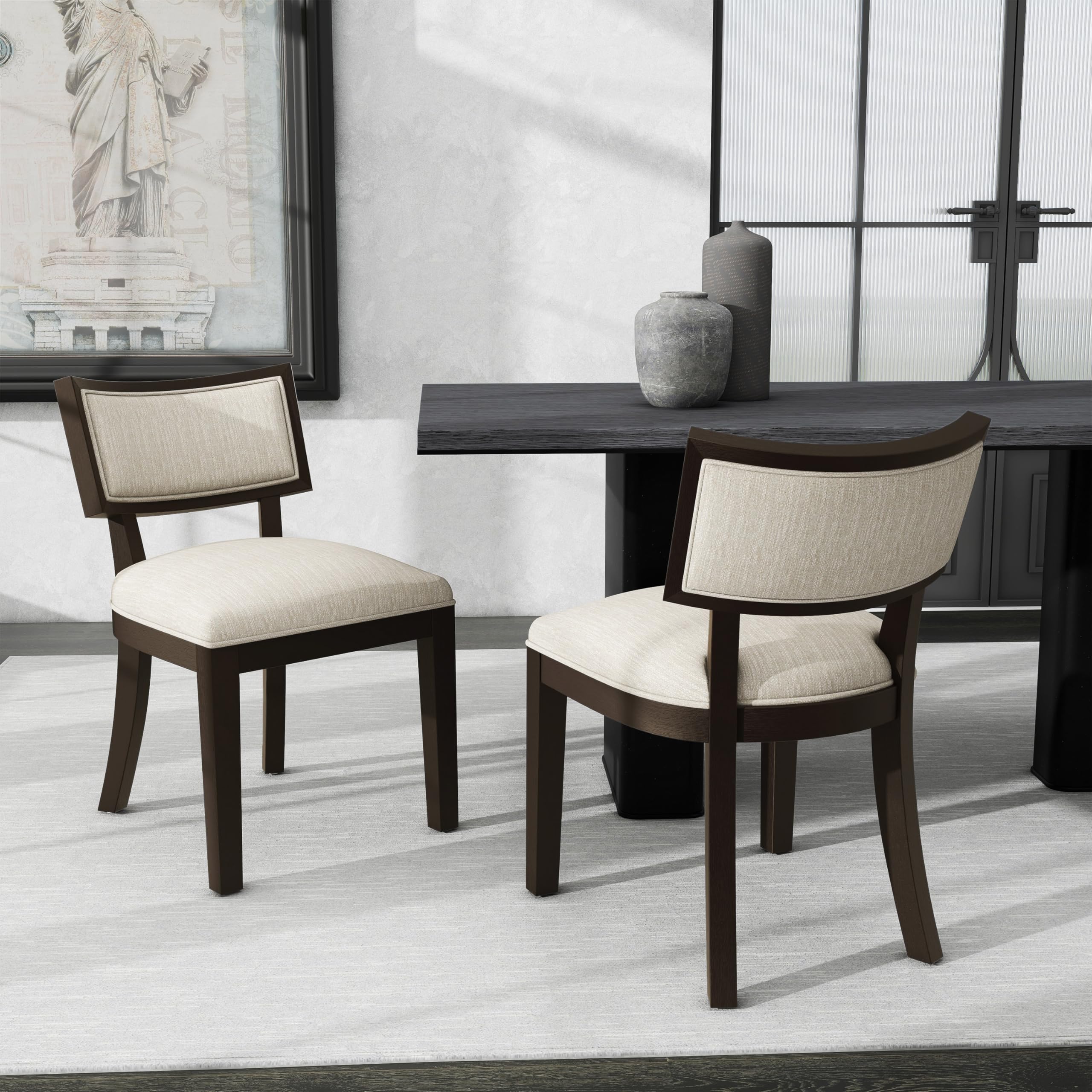 Christopher Knight Home Set of 2 Fabric Upholstered Armless Dining Chairs with Rubberwood Legs & King Louis Back - Wood Frame Soft Chairs for Dining Room, Kitchen, Restaurant - Brown & Beige - Perfect for Home Decor, Small Spaces & Elegant Dining Settings