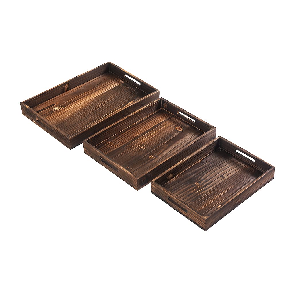 Rustic Wooden Serving Tray Set of 3 - Handled Nesting Trays for Coffee, Food & Drinks | Ottoman Tray, Decorative Platter for Dining, Living Room & Bedroom Use | Brown Retro Style Wood Trays