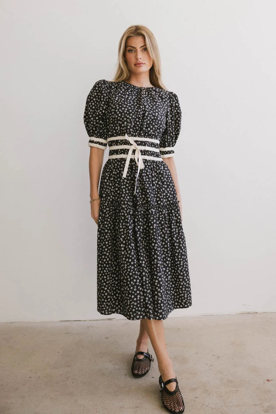 Kendra Ditsy Floral Midi Dress in Black - Women's Vintage Style Flowy Summer Dress for Casual Outings & Garden Parties | FINAL SALE