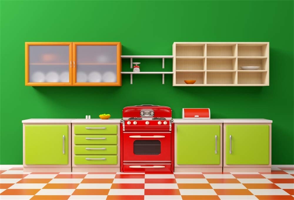 9x6ft Modern Green Wall Backdrop with Red Washing Machine & Green Cabinet - Vinyl Photo Studio Background for YouTube Videos, Stage Plays, Events - Perfect for Living Room & Kitchen Scenes, Content Creation & Professional Photography