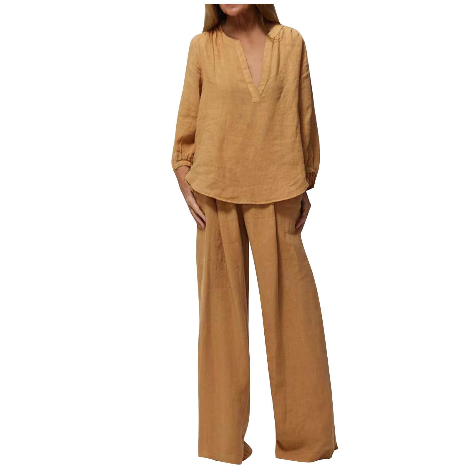 Women's Casual 2-Piece Outfit - Soft Cotton Linen Lounge Set with Long Sleeve V-Neck Pullover & Wide Leg Pants | Comfortable Oversized Loungewear for Home, Travel & Relaxation