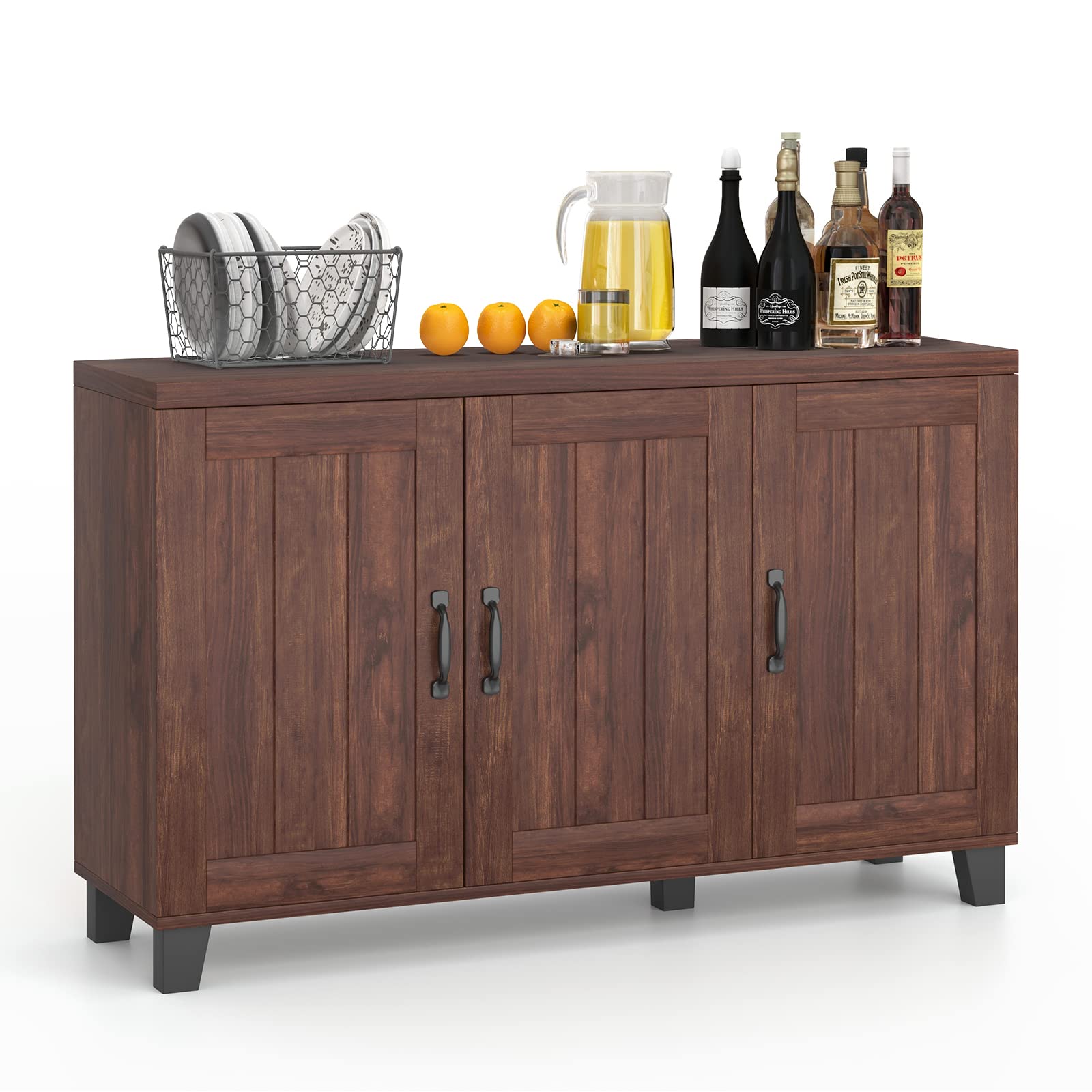 Giantex 3-Door Buffet Cabinet with Adjustable Shelves & Cable Management - Kitchen Storage Cupboard, Coffee Bar Console for Living Room - Anti-Tip Design, Brown (Perfect for Dining Room Storage & Home Organization)