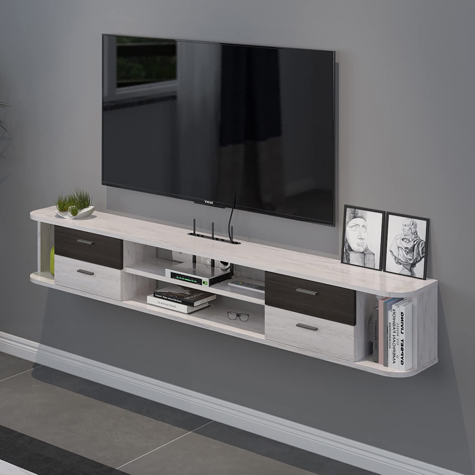 Pmnianhua 66'' Floating TV Stand with 4 Drawers - Wall Mounted Media Console & Entertainment Shelf Under TV - Modern TV Cabinet with Storage for Bedroom & Living Room (Greyish-White) - Perfect for Small Spaces & Home Theater Setup