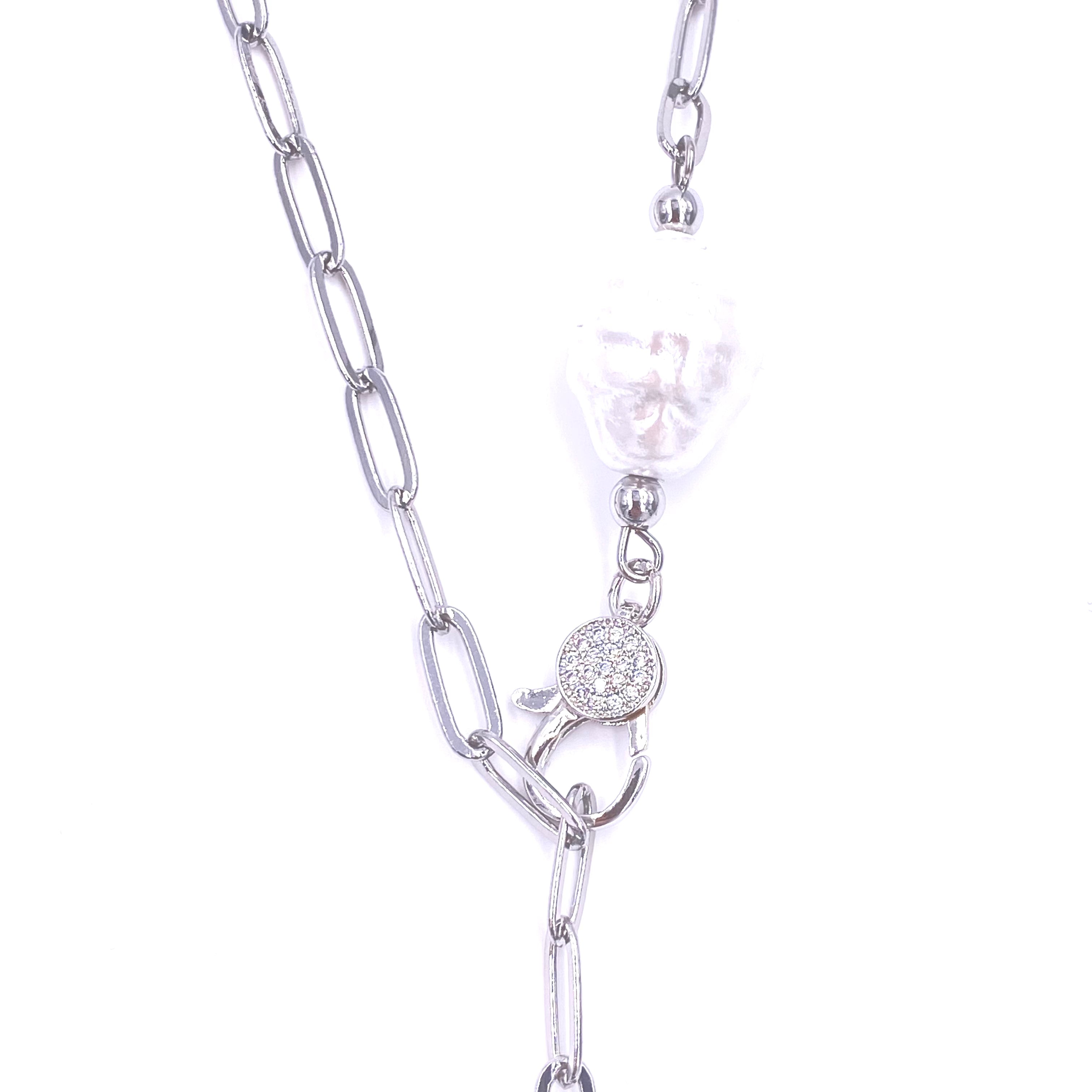 Elegant Ashley Gold Stainless Steel Pearl Link Lariat Necklace for Women | Trendy Layered Jewelry Gift for Her | Perfect for Weddings, Parties & Date Nights