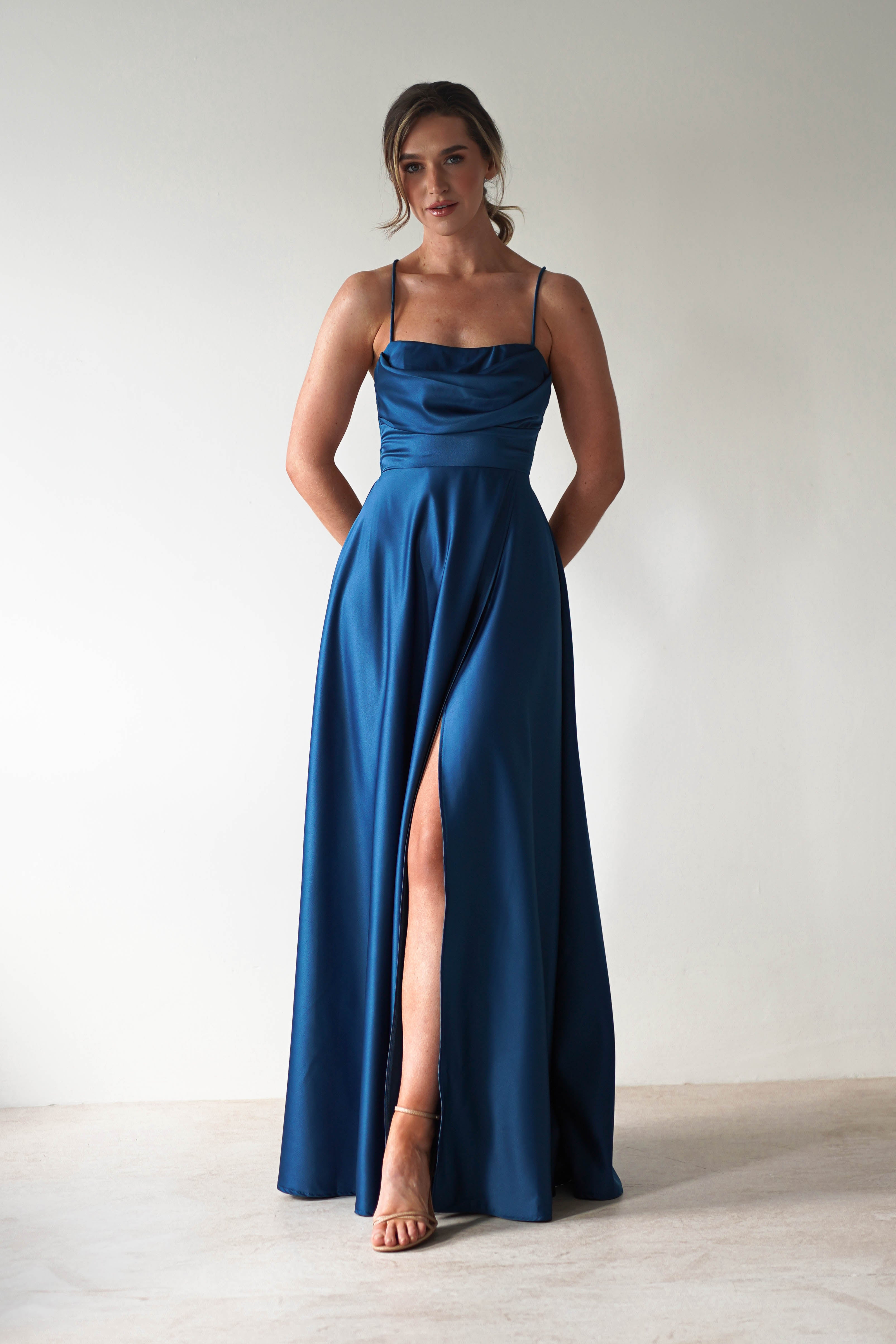 Shantal Satin Gown | Ocean Teal Blue Formal Evening Dress for Women | Perfect for Prom, Wedding Guest & Special Occasions