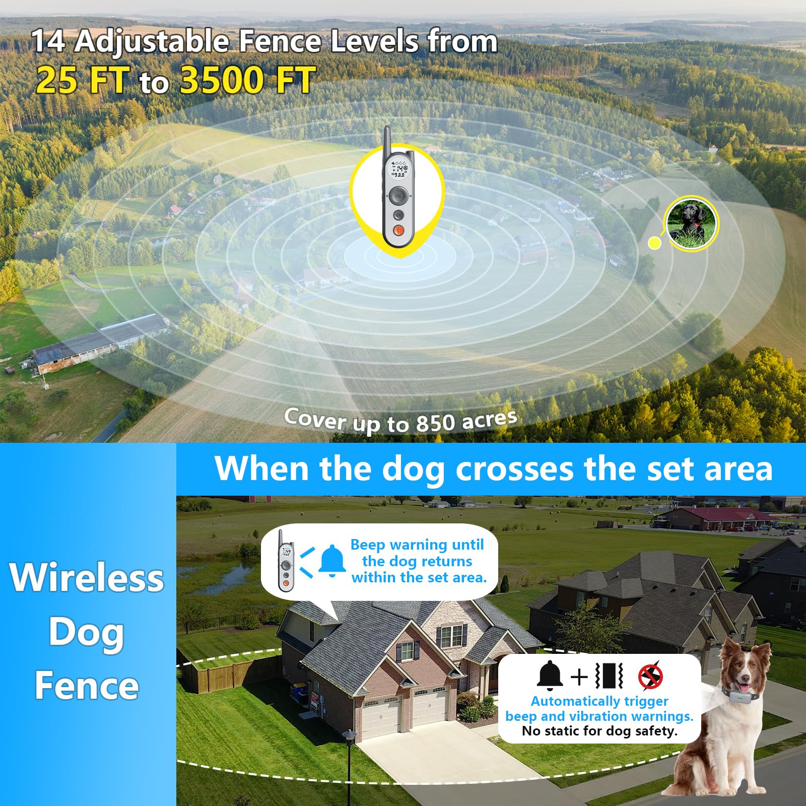 Wireless Dog Fence System - 856 Acre Electric Pet Containment with Remote Training Collar for 2 Dogs (Large & Medium) | No Wire Circular Boundary for Outdoor Use | Perfect for Backyard, Farm & Open Space Training