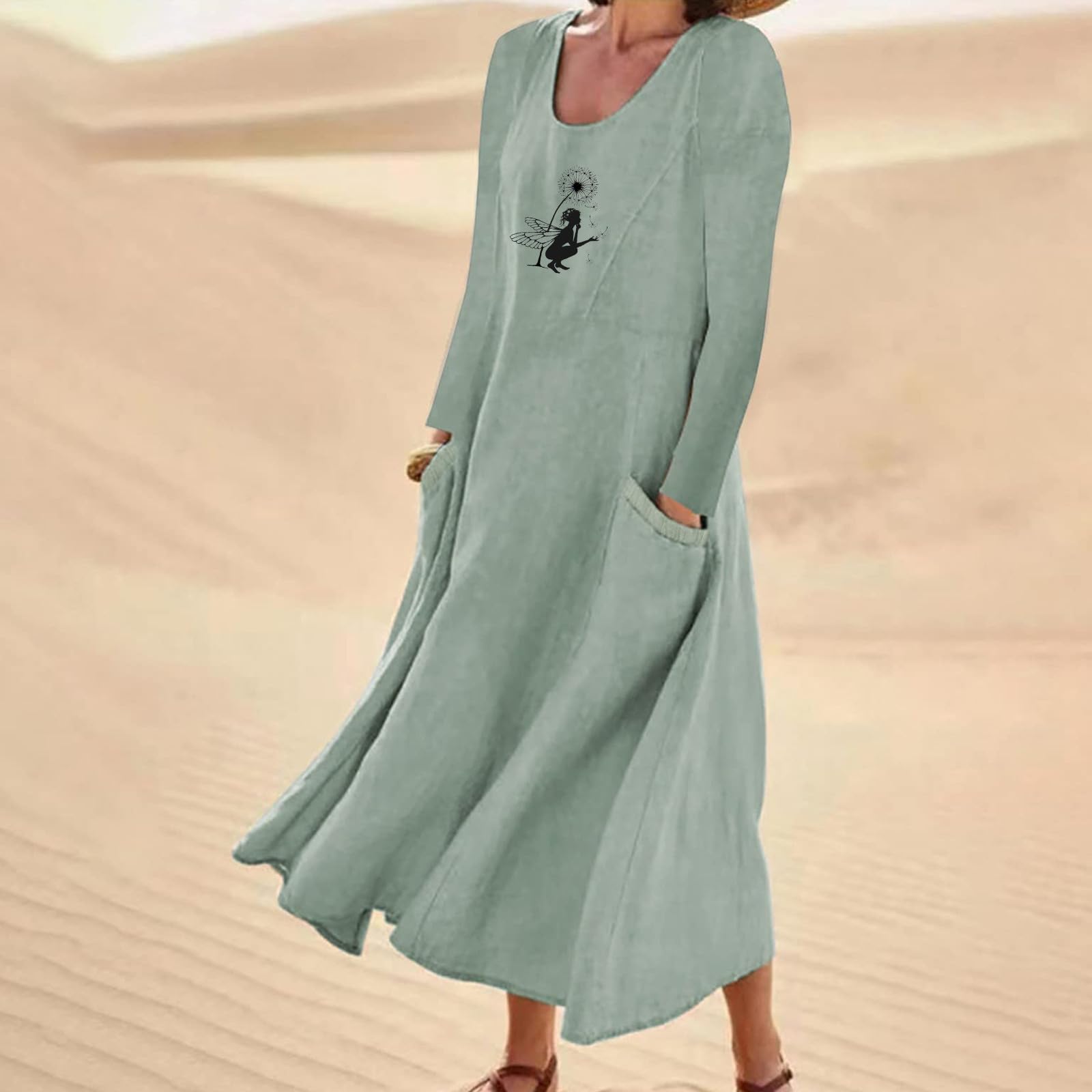 Yihaojia Women's Casual Long Sleeve Loose Cotton Linen A-Line Maxi Dress - Comfortable Fall Boho Style Dress for Daily Wear, Work, Travel & Weekend Outfits