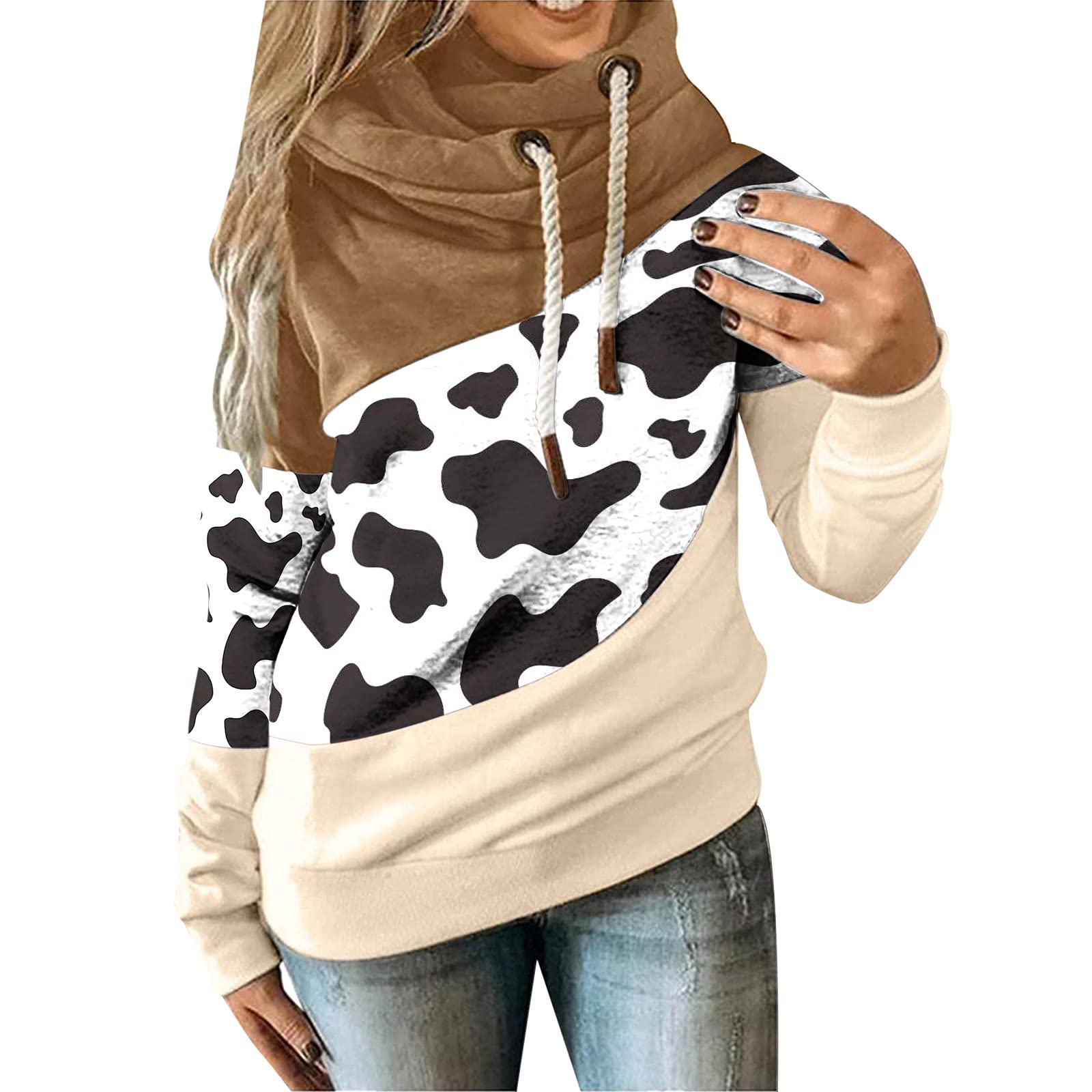 Cute Women's Cow Print Turtleneck Sweatshirt - Long Sleeve Pullover with Drawstring - Warm Winter Christmas Outfit for Casual Wear & Holiday Parties