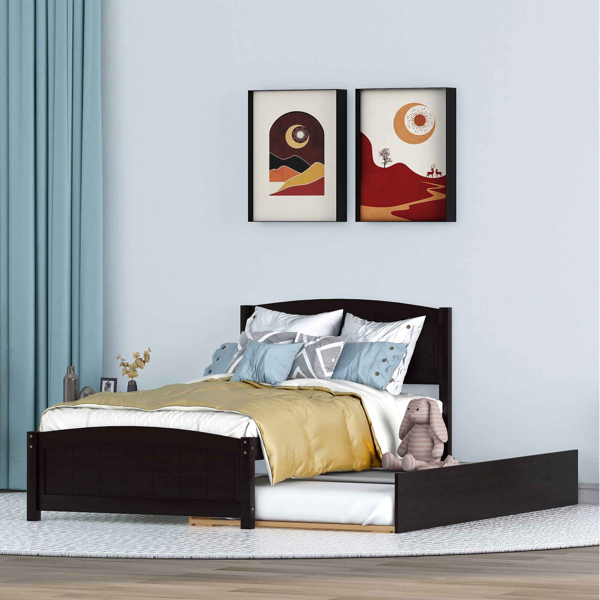 MERITLINE Twin Size Bed with Trundle - Kids Platform Twin Bed Frame with Pull Out Trundle in Espresso Finish - Perfect for Small Spaces, Guest Rooms & Kids' Bedrooms