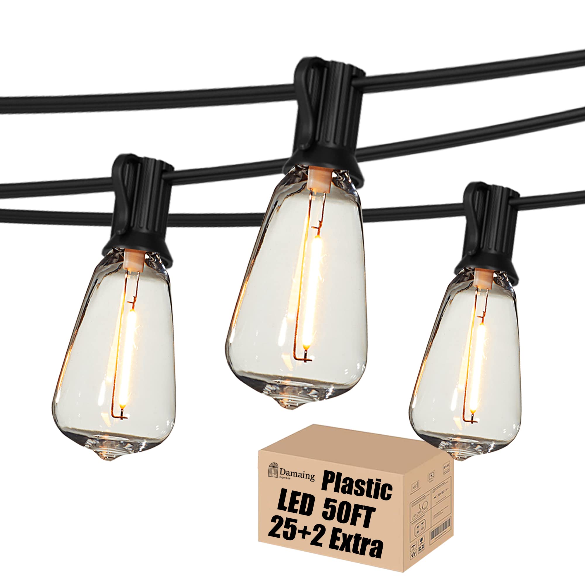 DAMAING 50 FT Outdoor String Lights - Waterproof LED Patio Lights with 27 Vintage ST38 Shatterproof Edison Bulbs, Connectable Retro Bistro Lights for Backyard, Gazebo, Balcony, Garden & Wedding Decor | Perfect for Outdoor Parties, BBQ Nights & Romantic Ambiance