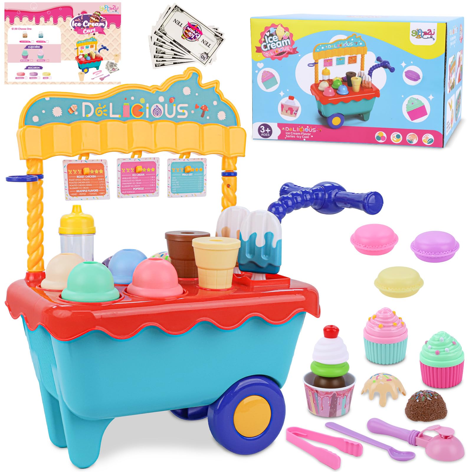 45 Pcs Ice Cream Cart Play Set for Kids - Pretend Play Store with Storage Trolley, Food Toys & Ice Cream Shop Toy - Perfect Gift for Boys & Girls Ages 3-6 - Fun Birthday Party, Daycare & Indoor Play Activity