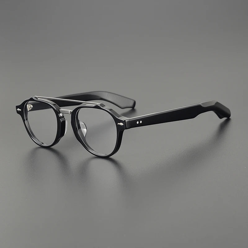 Stylish Unisex Black Acetate & Alloy Round Eyeglasses with Double Bridge - Full Rim Frame (68mm Lens Width) - Perfect for Reading, Work, and Everyday Fashion