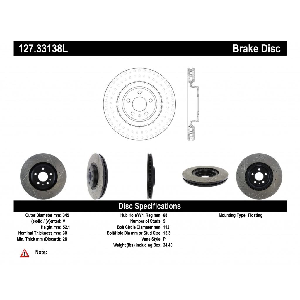 StopTech Slotted & Drilled Sport Brake Rotors for Audi A7 Quattro 2012-2018 | High-Performance Braking | Perfect for Track Days & Street Driving | 127.33138L