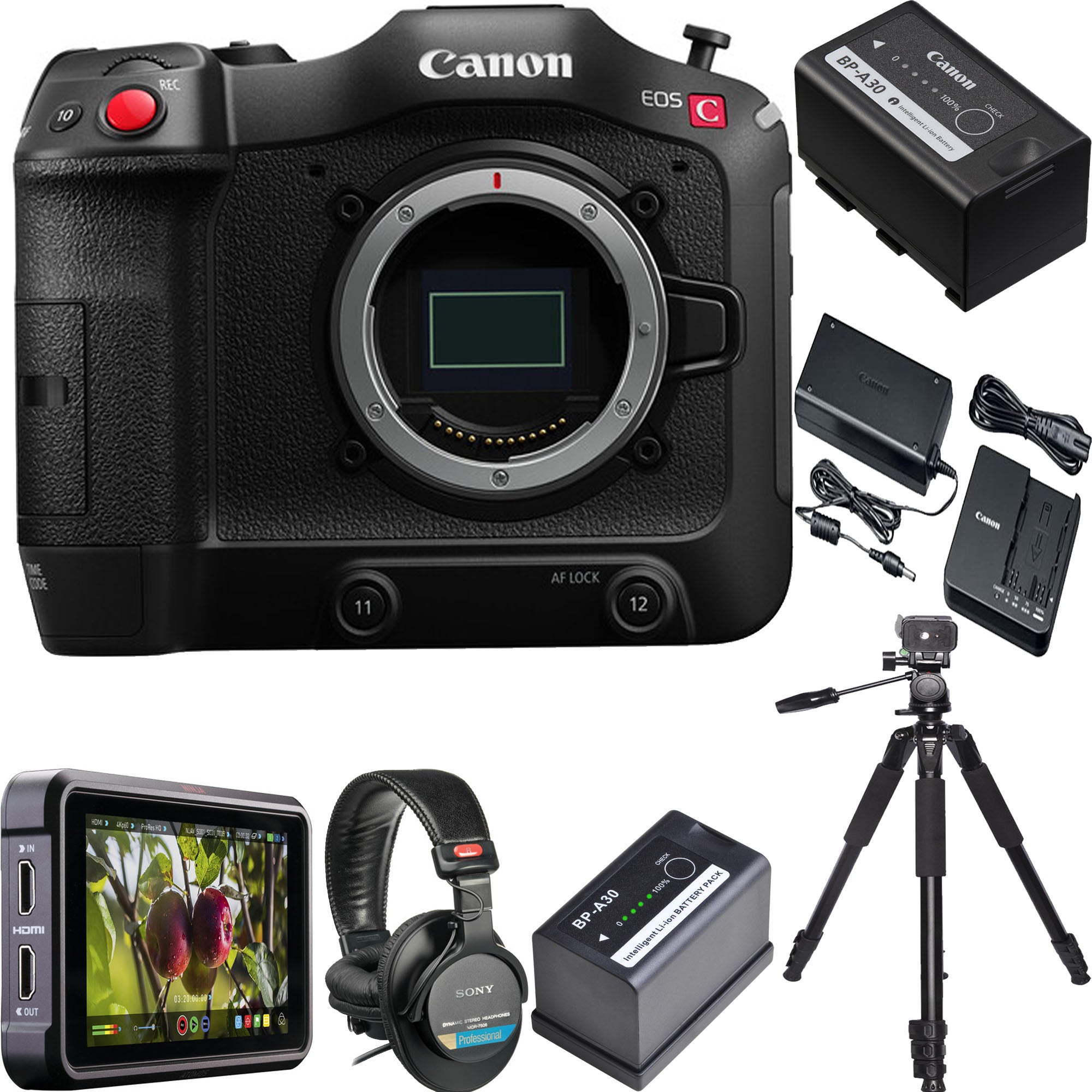 Canon EOS C70 Cinema Camera with RF Mount - Atomos Ninja V 5 Monitor, Sony Professional Headphones, Spare Battery & Tripod Bundle | Perfect for Filmmaking, Vlogging & Studio Production