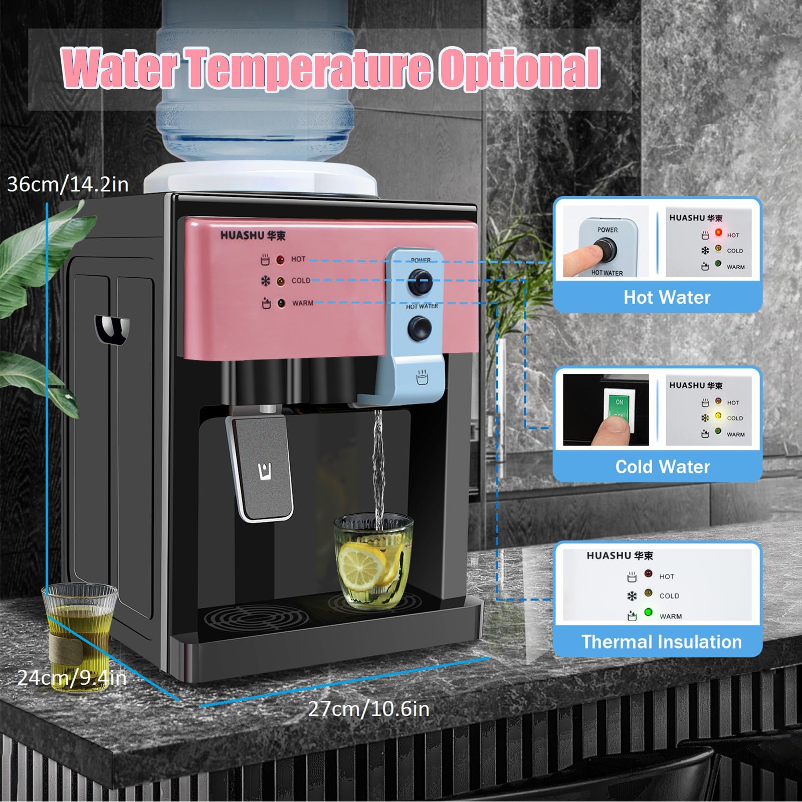 Mini Water Cooler Dispenser - Countertop Top Loading 1 to 5 Gallon Bottle Water Dispenser with 3 Temperature Settings (Hot, Normal, Ice Water 46-59℉) - Perfect for Home, Office, or Dorm Room Hydration