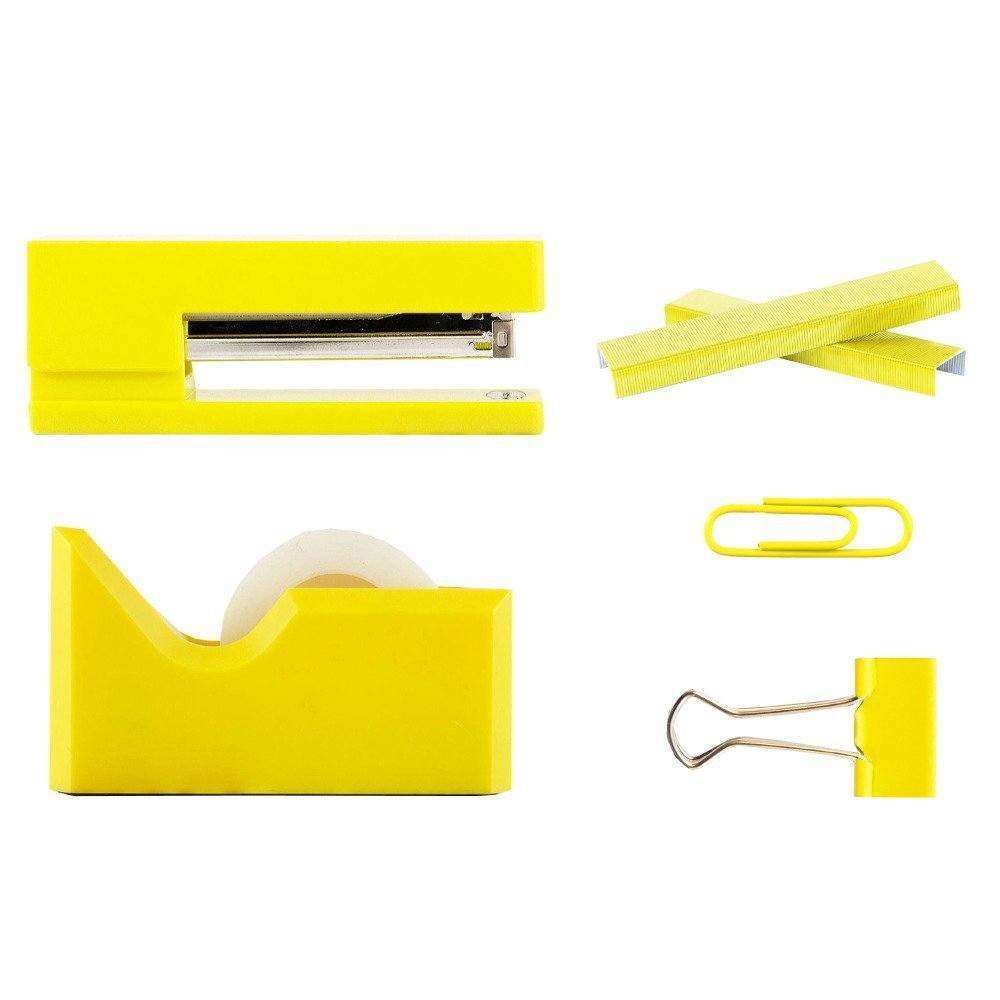 JAM PAPER Office Starter Kit - Yellow - Stapler, Tape Dispenser, Staples, Paper Clips & Binder Clips - 5/Pack - Perfect for Home Office, School Supplies & Workplace Organization