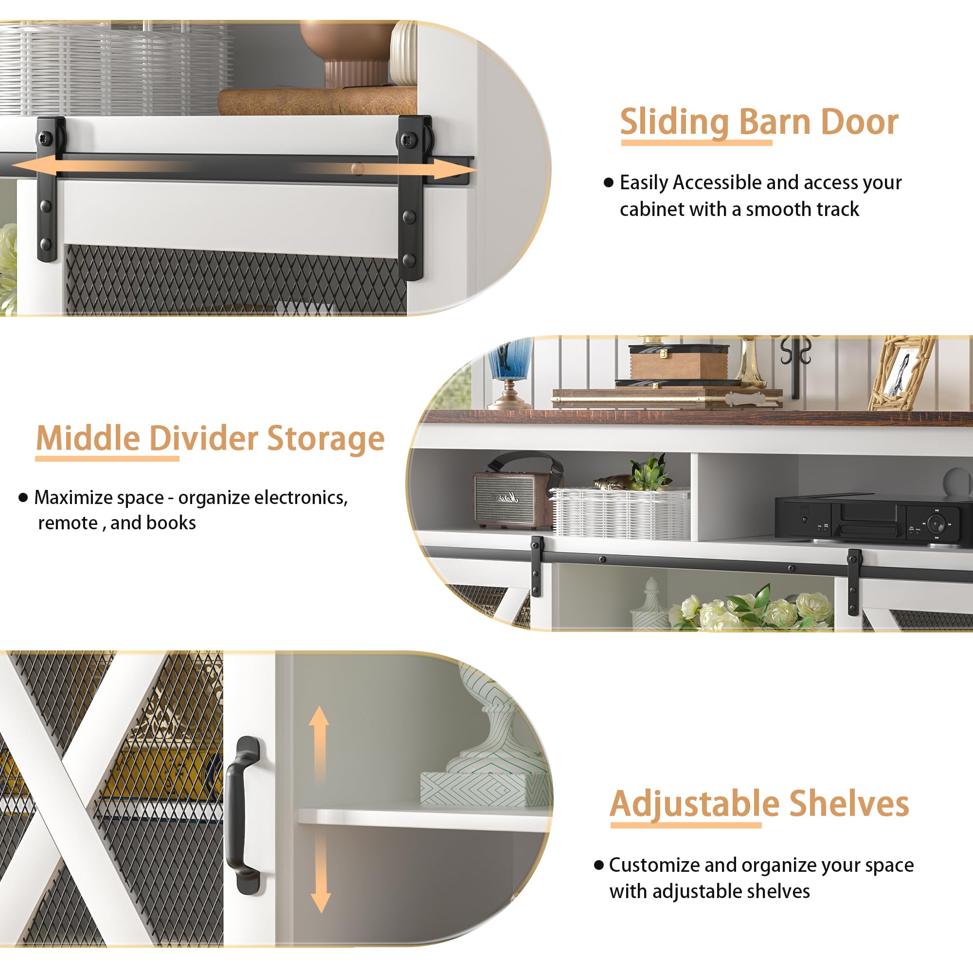 Farmhouse TV Stand for 65 Inch TV - Rustic Entertainment Center with Sliding Barn Doors, Storage Cabinet for Living Room & Bedroom - White Wood Console Table | Perfect for Cozy Home Theater Setup & Farmhouse Style Decor