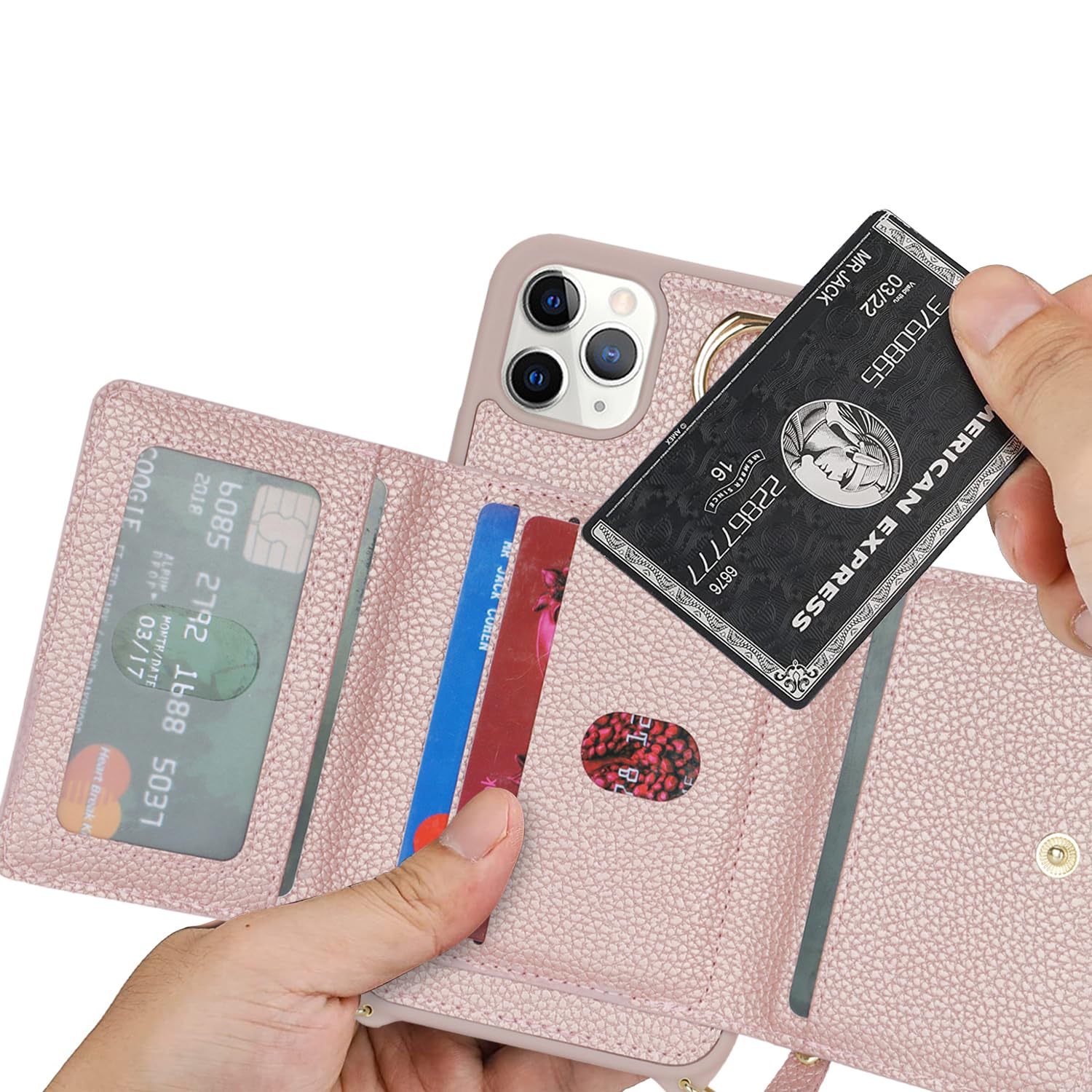 Premium Leather iPhone 11 Pro Max Case with Card Holder & Crossbody Strap - Wallet Phone Case with Zipper Pocket, Stand Ring & Lanyard (Rose Gold) - Perfect for Women's Daily Use, Travel & Hands-Free Convenience