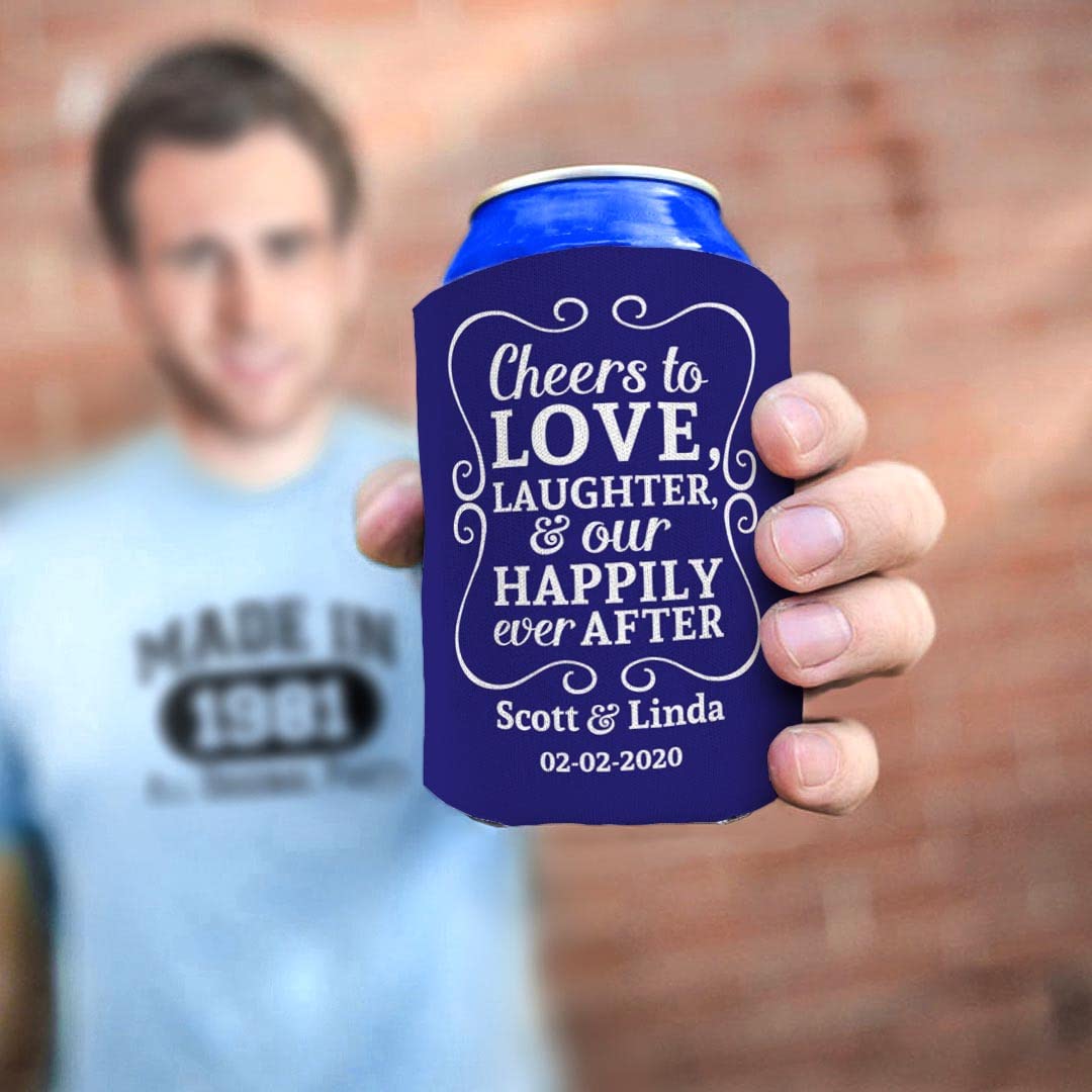 Cheers To Love Custom Names & Date 96-Pack Personalized Can Coolie Drink Coolers - Sapphire Blue - Perfect for Weddings, Parties & Outdoor Events