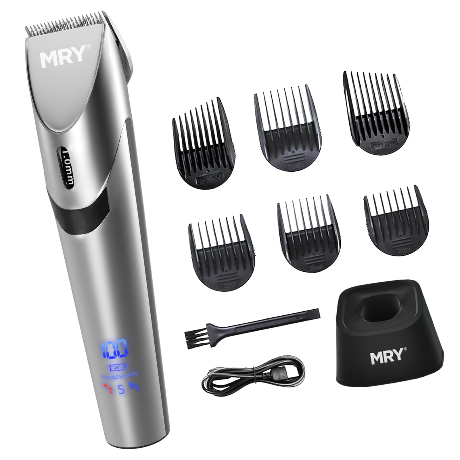 Professional Cordless Hair Clippers for Men & Women - MRY Barber Clippers with Stainless Steel Blades, Waterproof Design & LCD Display, USB Rechargeable Trimmer for Home Haircuts (Silver) - Perfect for DIY Haircuts, Beard Trimming & Grooming at Home or Salon Use