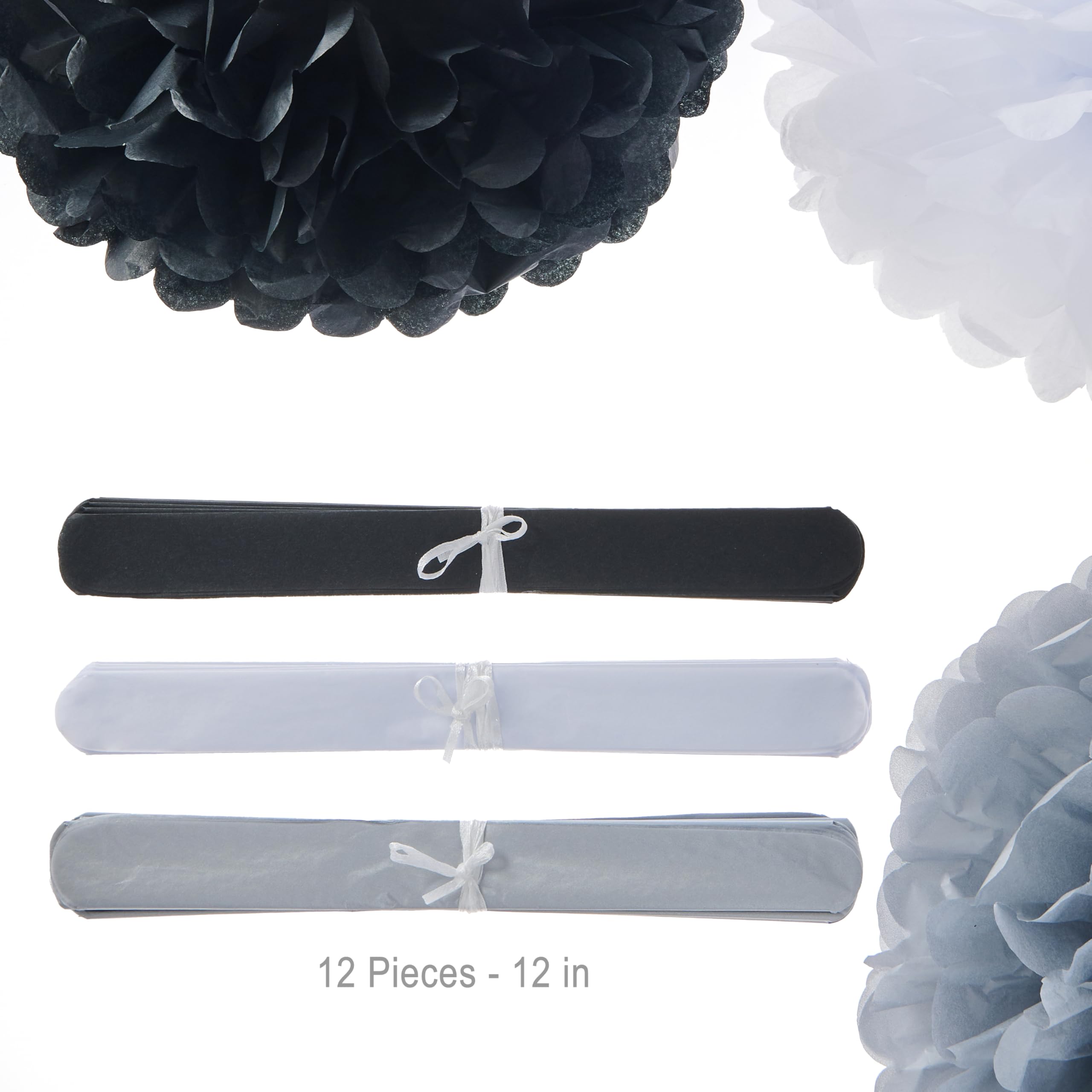 Premium 12-Inch Tissue Pom Poms - Black, White, Silver Party Decorations (Pack of 12) | DIY Tissue Paper Flowers & Fluff Balls for Weddings, Baby Showers & Home Decor