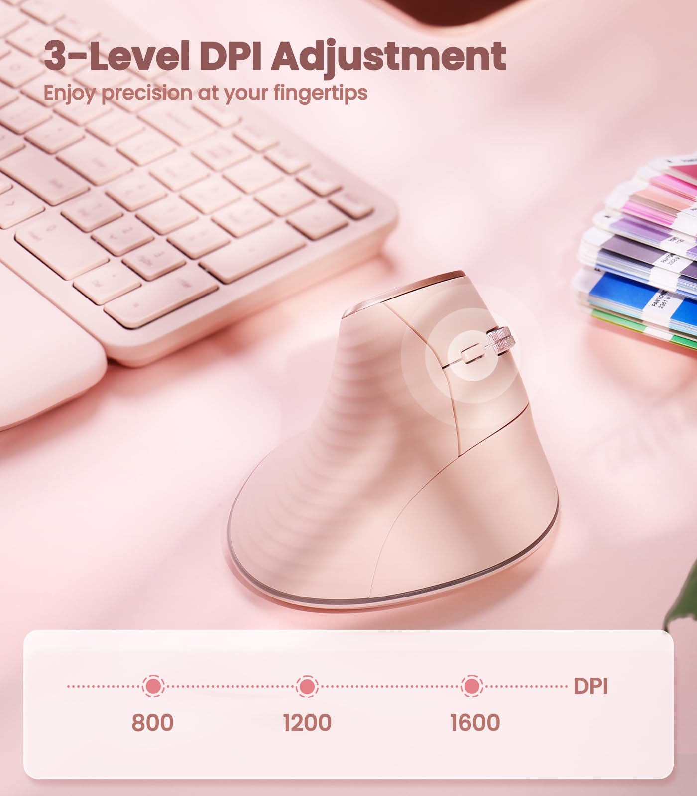 Nulea M510 Wireless Vertical Ergonomic Mouse - 3 Adjustable DPI (800/1200/1600), 2.4G Wireless with 6 Buttons - Compatible with Windows, Mac OS, Laptop & PC (Pink) | Perfect for Office Work, Graphic Design & Long Computer Sessions