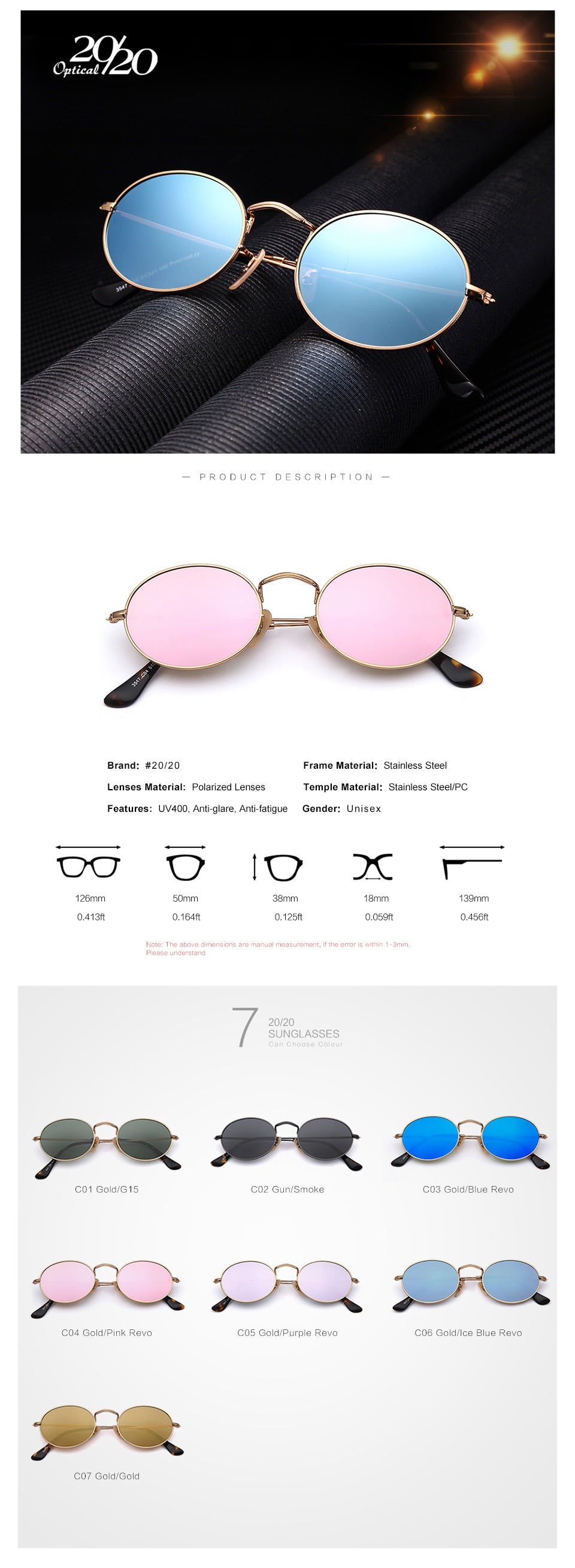 20/20 Polarized Oval Driving Sunglasses for Men & Women - UV Protection, Anti-Glare, Lightweight Comfort - Perfect for Road Trips, Commuting & Outdoor Activities (Model C030)