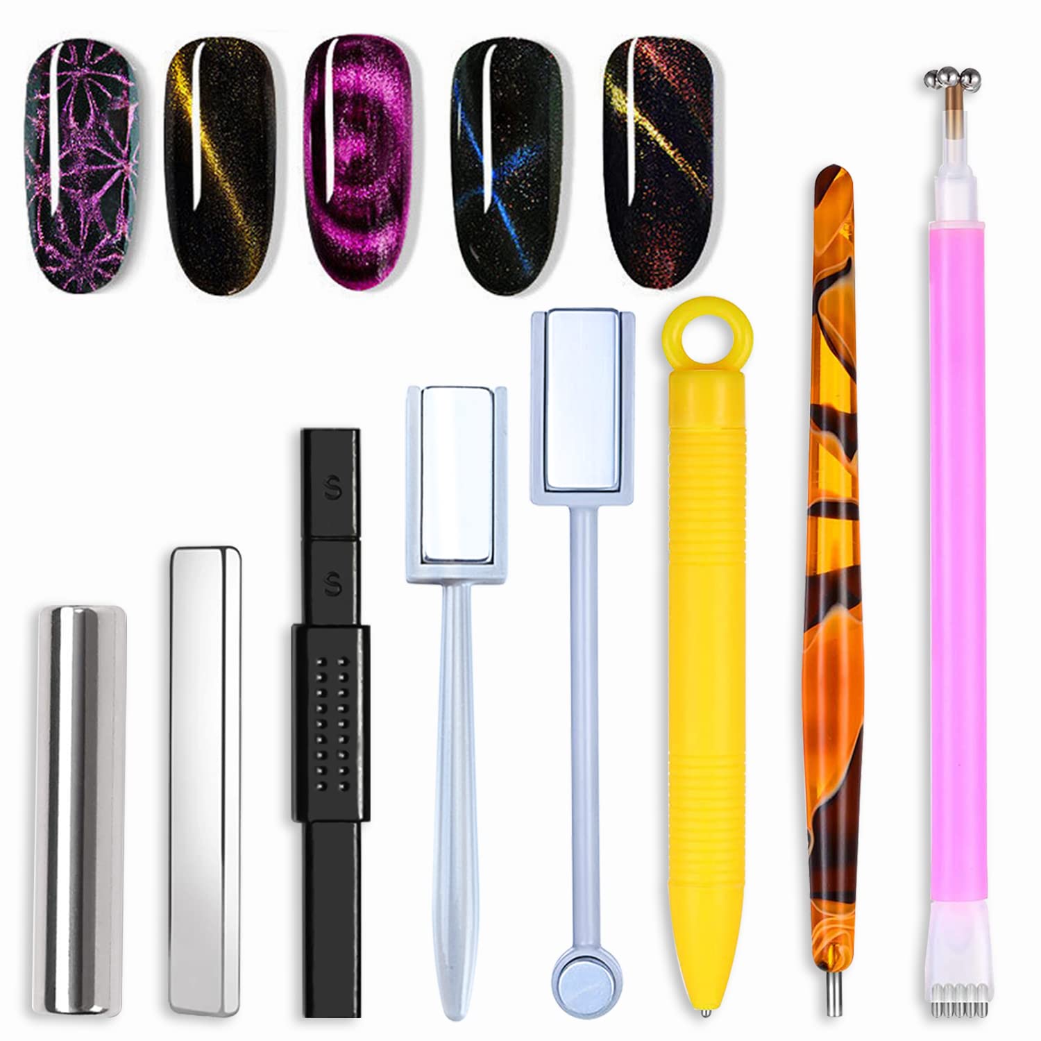DANNEASY 8pcs 3D Cat Eye Magnetic Gel Polish Set with Nail Magnet Wand - Nail Art Design Tools for Stunning Manicures at Home or Salon