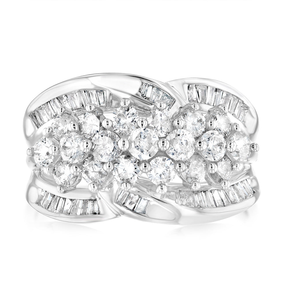10ct White Gold 1.4 Carat Diamond Ring with Round Brilliant & Tapered Baguette Diamonds | Elegant Wedding Band, Anniversary Gift for Her, Engagement Ring for Women