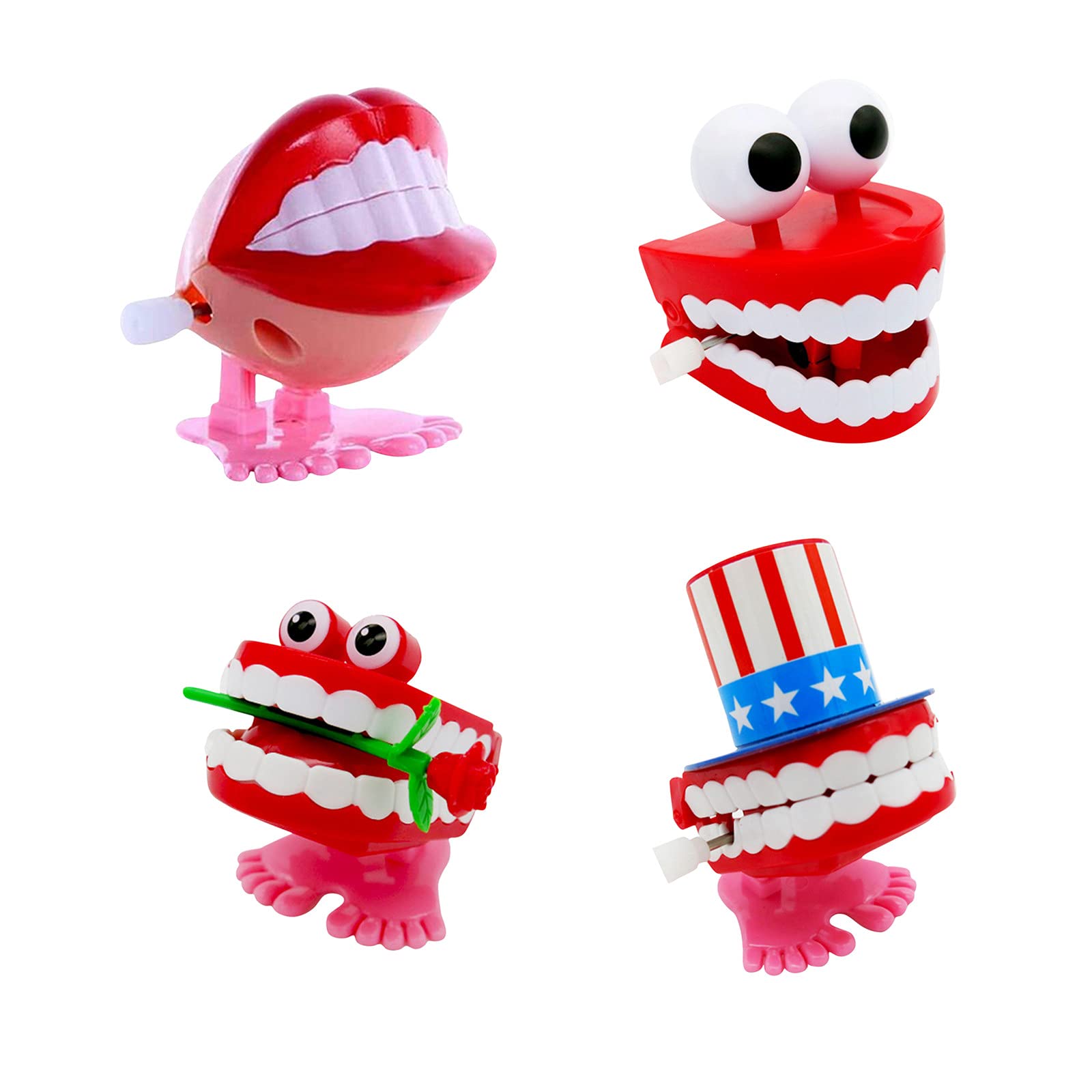 Chattering Teeth Wind Up Toys - Classic Clockwork Novelty Toys for Kids & Adults - Fun Goody Bag Fillers for Halloween, Christmas & Parties (Set of 4 Pieces) - Perfect for Gag Gifts, Party Favors & Holiday Decorations