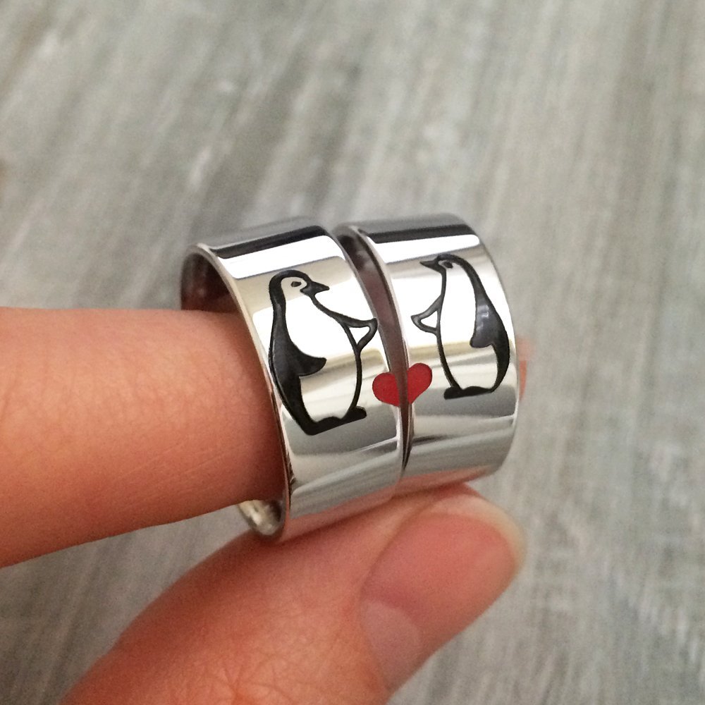 Silver Penguin Couple Rings Set - Matching Love Penguin Band Rings for Him & Her - Perfect for Anniversaries, Valentine's Day & Romantic Gifts