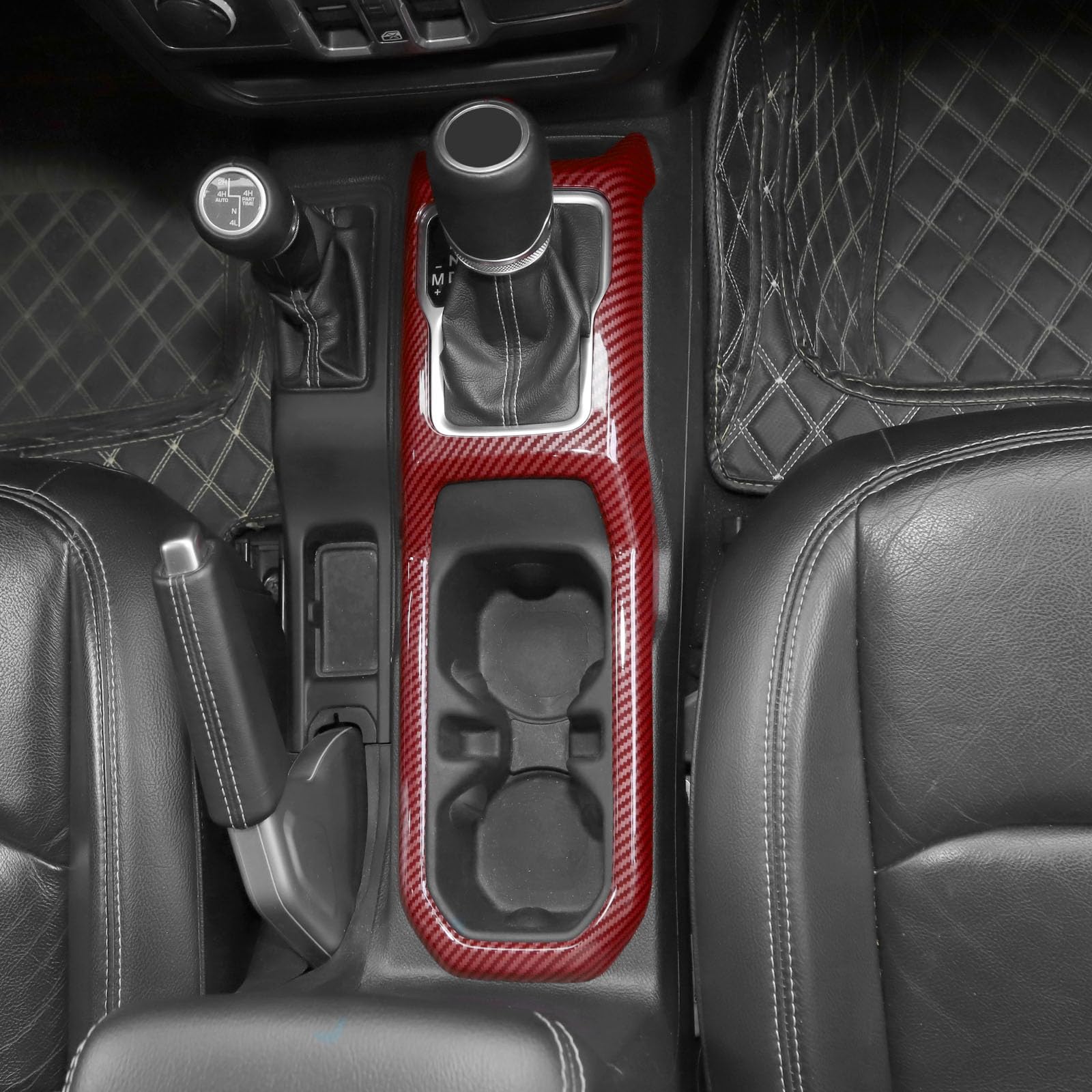 Jeep Wrangler JL JLU (2018+) & Gladiator JT (2020+) Gear Shift Cup Holder Panel Trim Cover - RT-TCZ Red Carbon Fiber Interior Accessories - Upgrade Your Off-Road Adventure & Daily Driving Style
