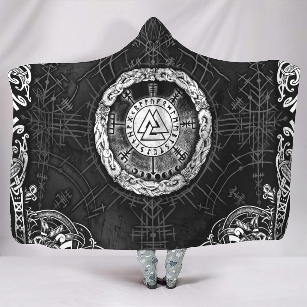 Viking Runes Hooded Blanket - Ultra Soft Sherpa & Fleece Wearable Blanket for Adults & Kids - 60x80 Inch White - Perfect for Camping, Movie Nights & Winter Warmth