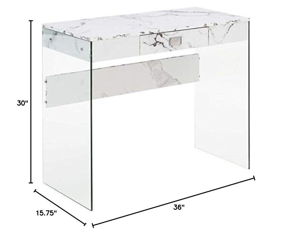 UrbanPro Contemporary 36-Inch Glass Desk with Clear Tempered Glass Top & White Faux Marble Base - Perfect for Home Office, Study Room, or Modern Workspace
