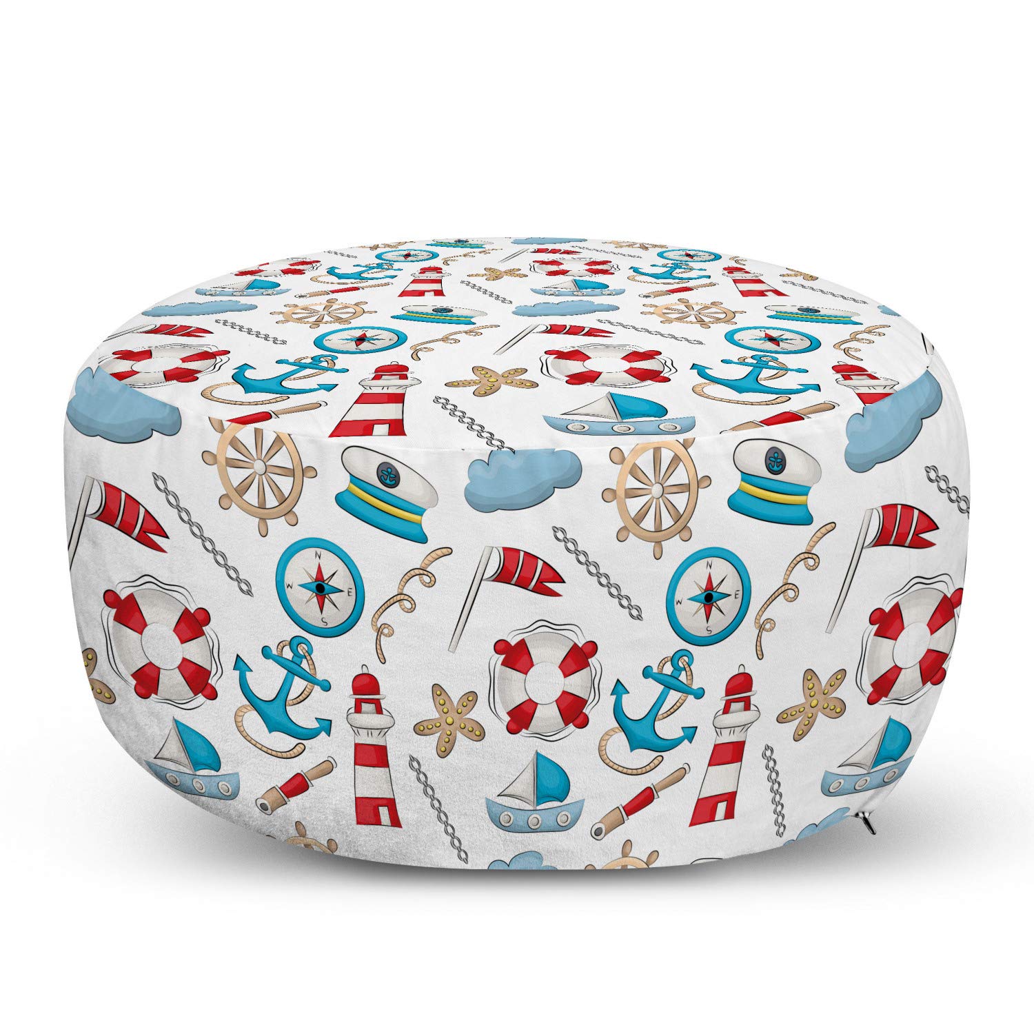 Ambesonne Nautical Ottoman Pouf - Decorative Foot Rest with Removable Cover, Sea Lighthouse & Anchor Design, Soft Living Room & Bedroom Accent - Perfect for Coastal Decor & Relaxing at Home (White Multicolor)