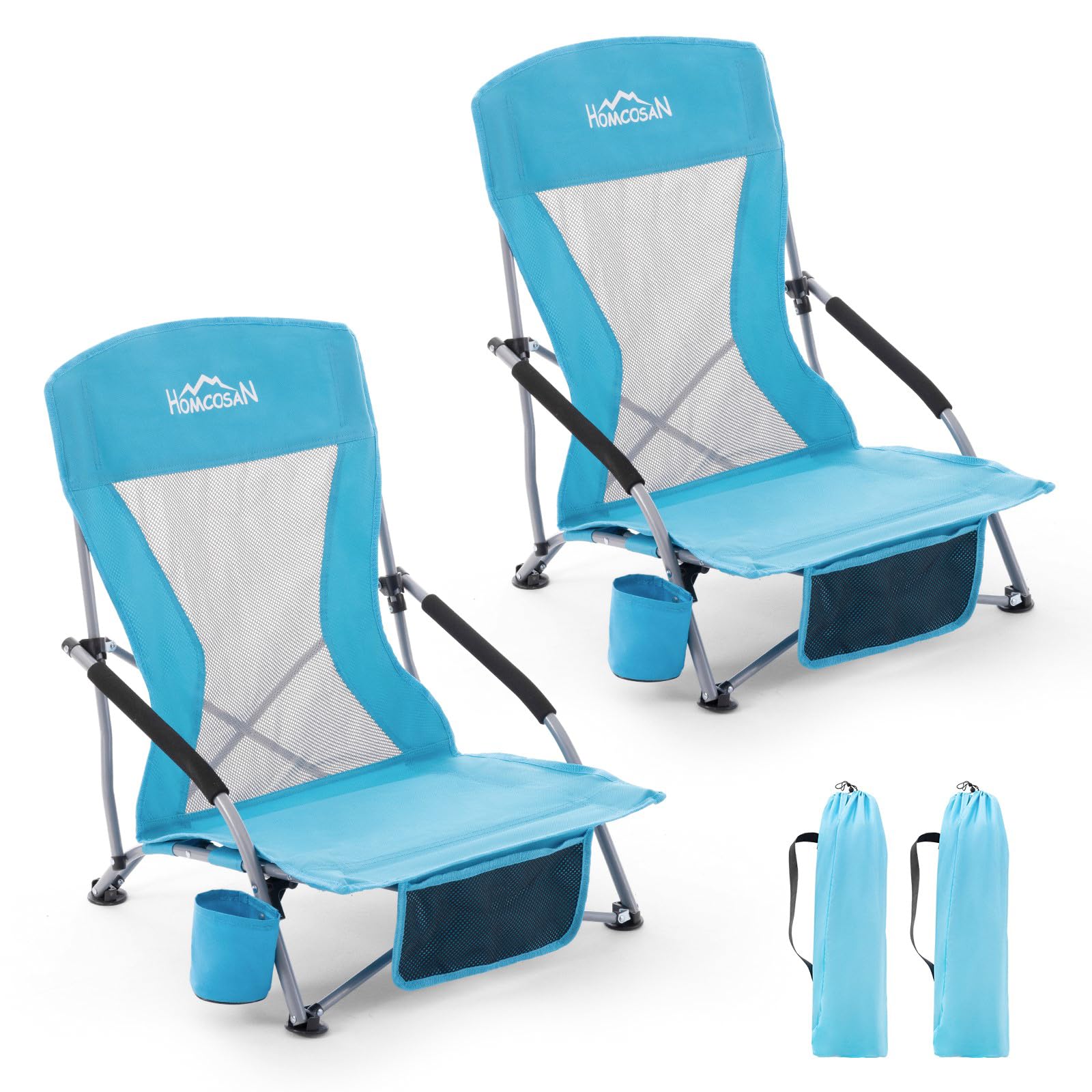 Homcosan Low Folding Beach Chairs for Adults - Portable Lightweight Sling Chair with Cup Holder & Mesh Back, Compact Folding Design with Carry Bag - Perfect for Beach, Camping, Picnics, Concerts & Backyard Relaxation (2 Pack, Blue)