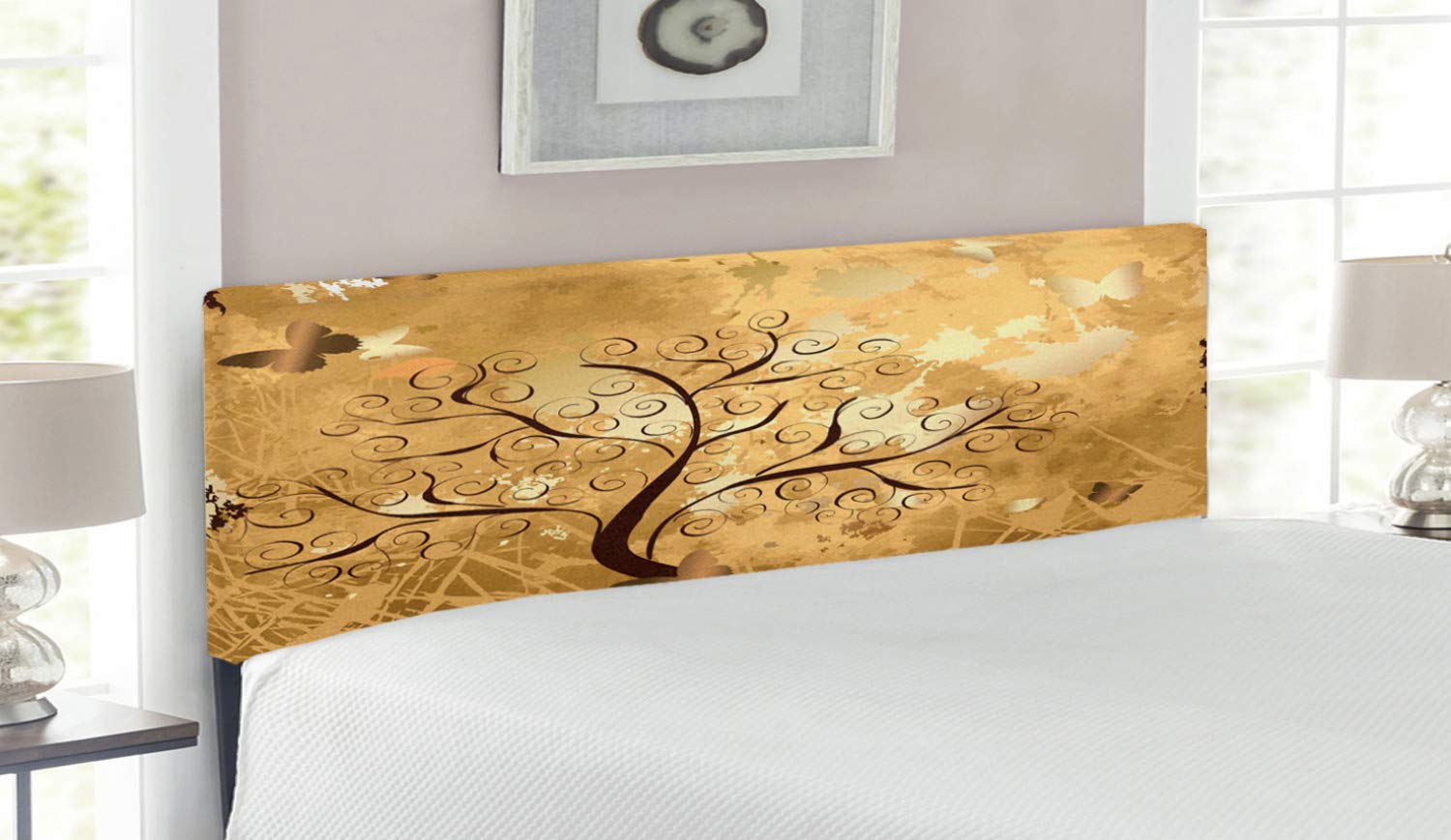 Ambesonne Queen Size Upholstered Metal Bed Headboard - Grunge Style Tree Design with Swirled Branches & Butterfly Silhouettes, Brown & Pale Brown Memory Foam Decorative Headboard for Bedroom Decor | Perfect for Gothic, Boho & Nature-Inspired Bedrooms