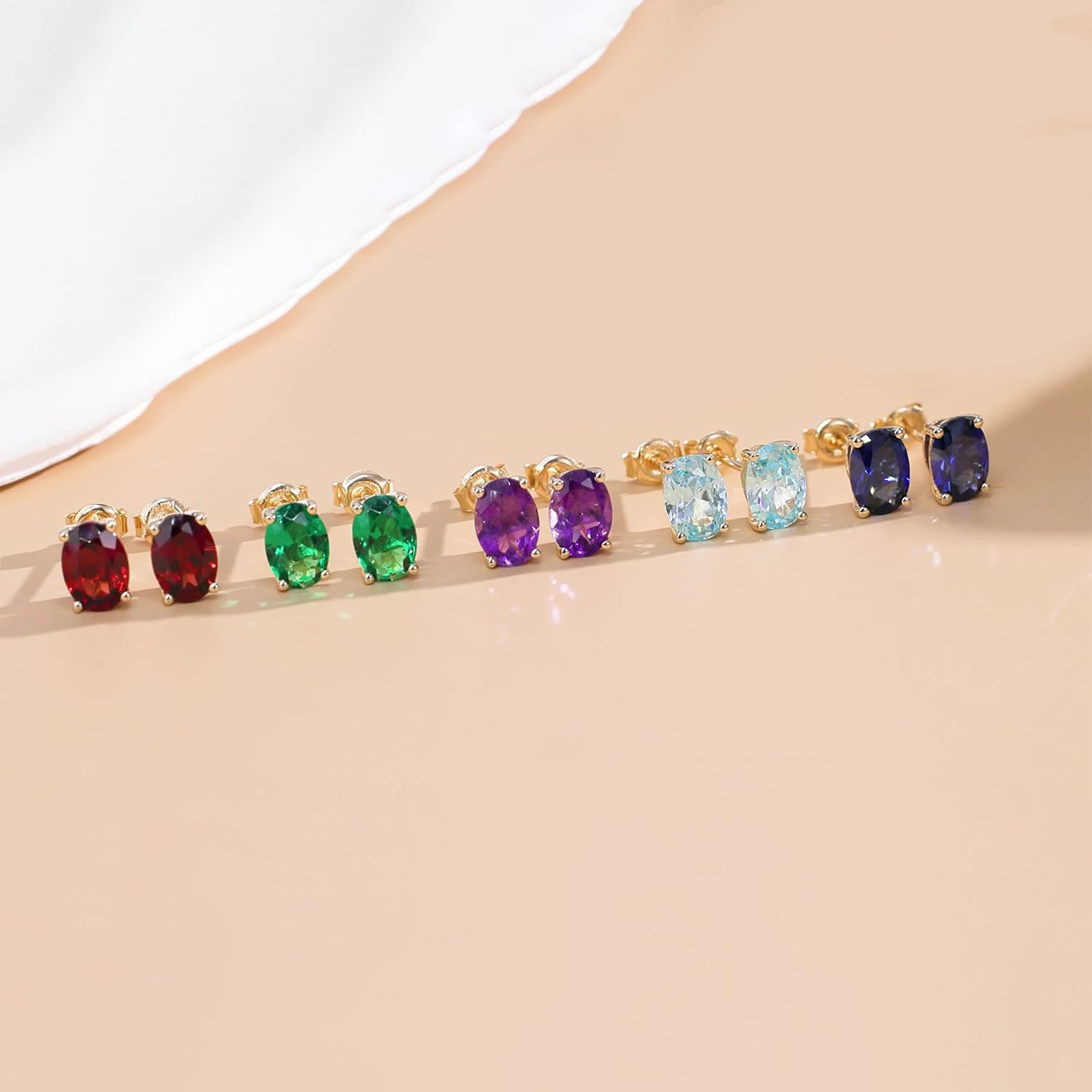 14K Solid Yellow Gold Oval Stud Earrings with Natural/Created Gemstone - 5x7mm Prong Cluster Earrings for Women, Mom, Wife | Perfect Gift for Birthdays, Anniversaries & Special Occasions