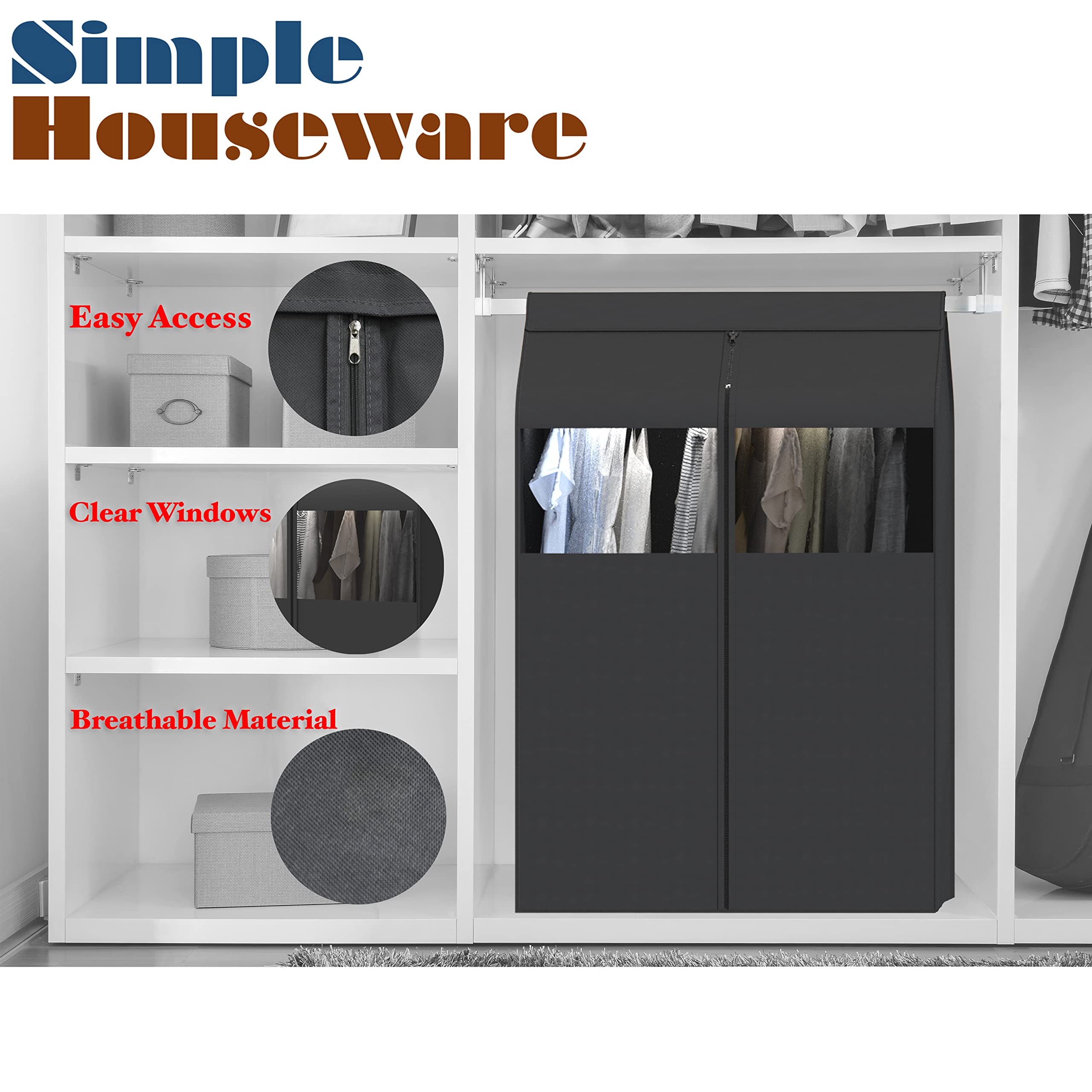 SimpleHouseware Garment Covers for Clothes Rack & Closet - Clear Window Hanging Clothes Storage Bags (Dark Grey) | Perfect for Wardrobe Organization, Travel & Seasonal Clothing Protection