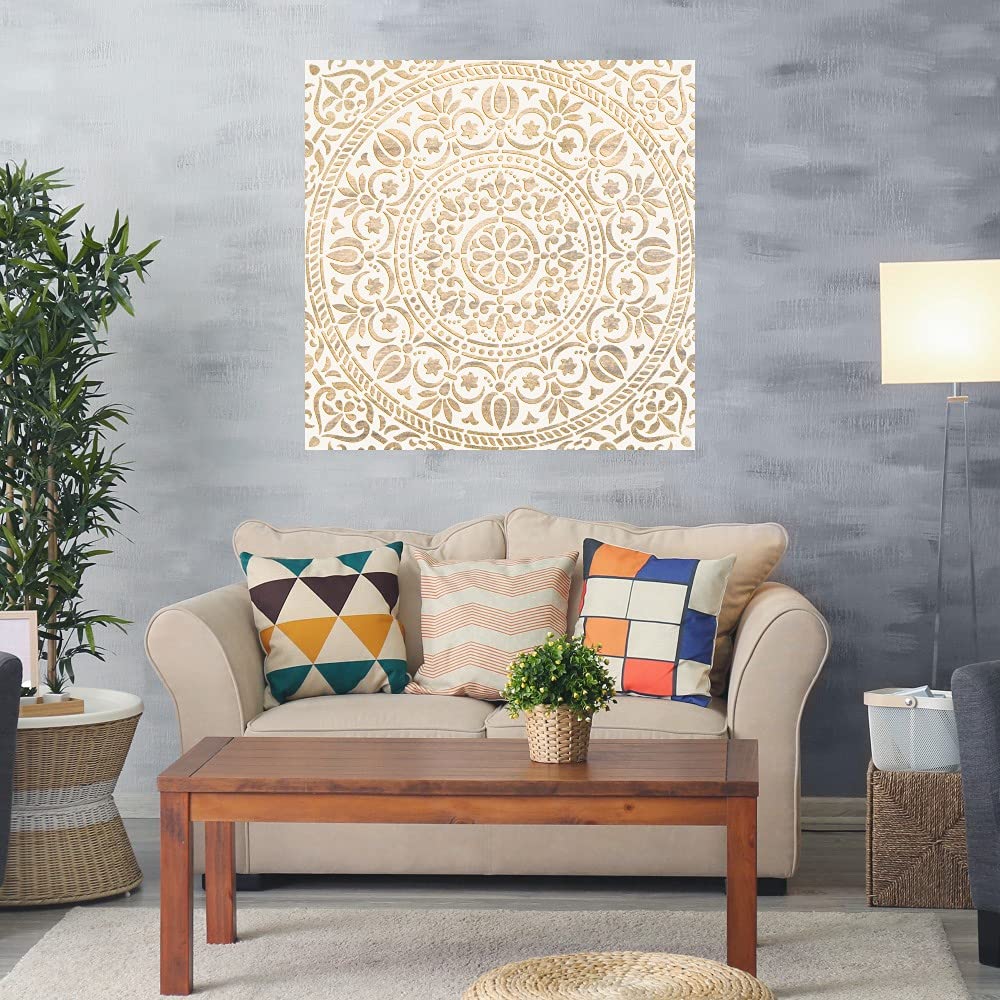 Fine Art Canvas Wall Decor - Ornamental White Gold Abstract Painting by Artist Belle Maison - 22x22 Inch Ready to Hang Canvas Art for Living Room, Bedroom, Office - Perfect for Modern Home & Office Decor