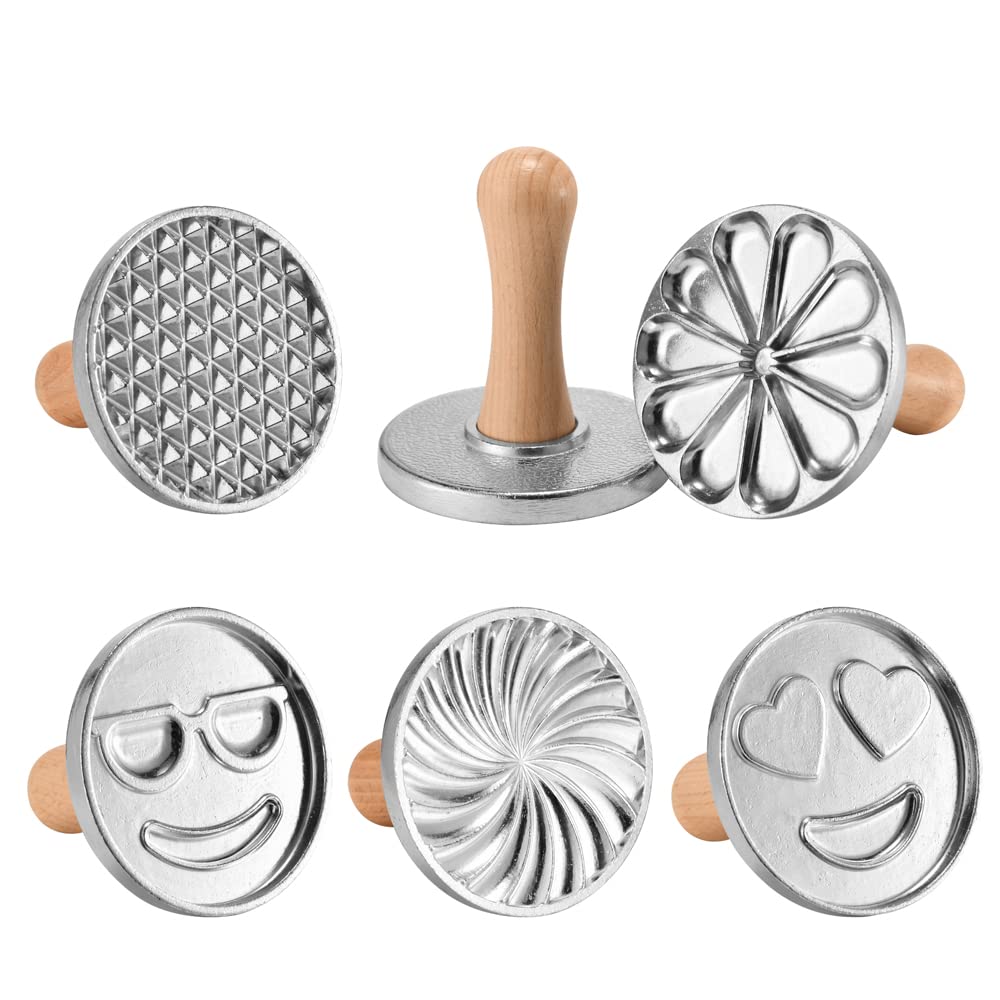 OPPEIN 6-Piece Heirloom Cookie Stamps Set - 3 Inch Round Aluminum Cookie Press Mold for Baking Cookies, Pastries, and Desserts - Geometric, Citrus & Emoji Designs with Natural Hardwood Handle - Perfect for Holiday Baking, DIY Gifts, and Family Cookie Decorating Fun