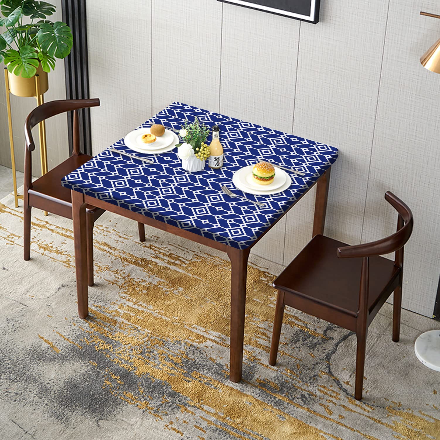 Premium Moroccan Fitted Square Tablecloth - Navy Blue Geometric Elastic Edge Table Cover | Dustproof, Oil Resistant & Machine Washable Polyester Fabric | Perfect for Holiday Dinners, Patio Parties & Family Gatherings | Fits 24x24 Inch Tables